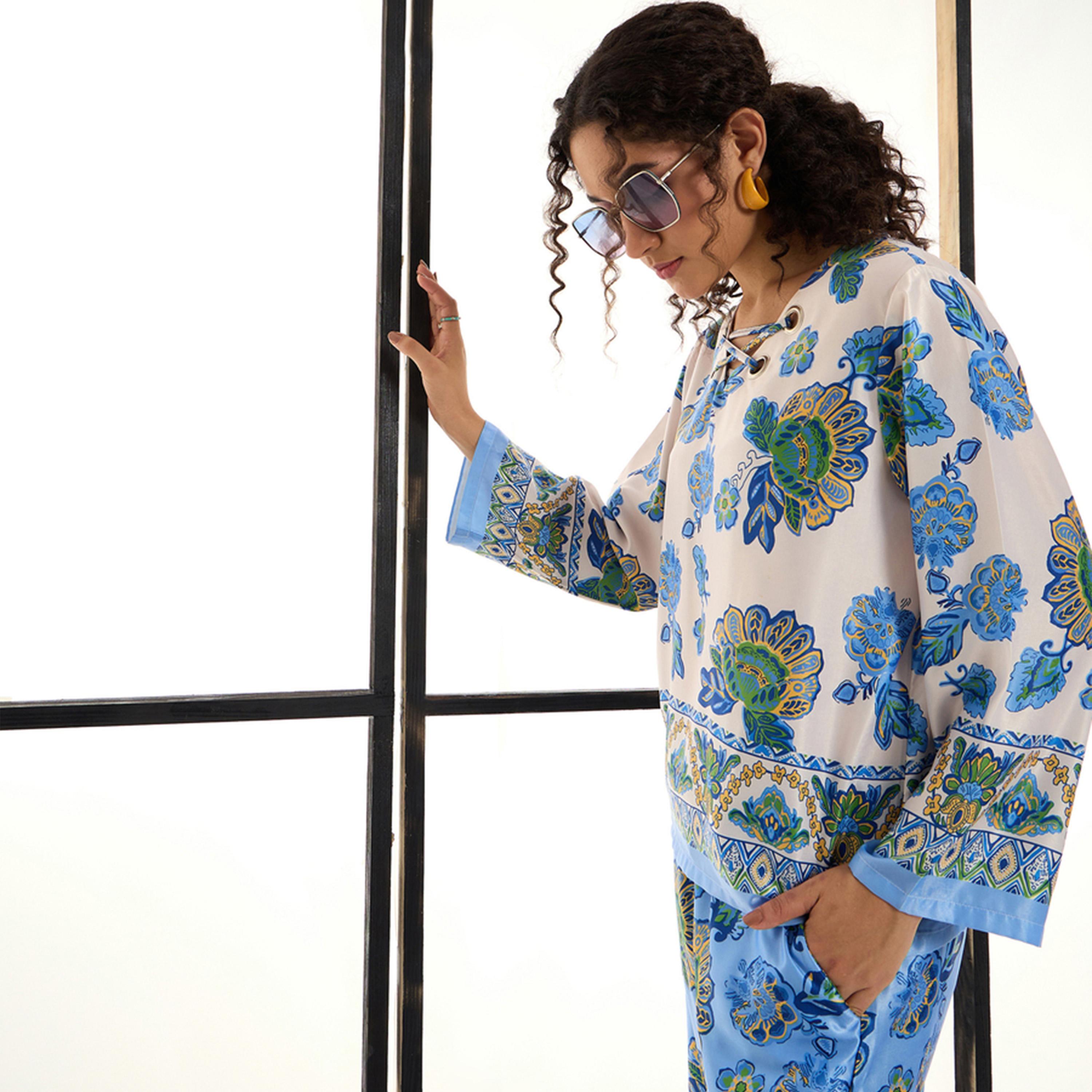طقم منسق من بنطال وبلوزة بطبعة زهور ساسافراس × ستايلي-women-clothing-coordsets-image-7