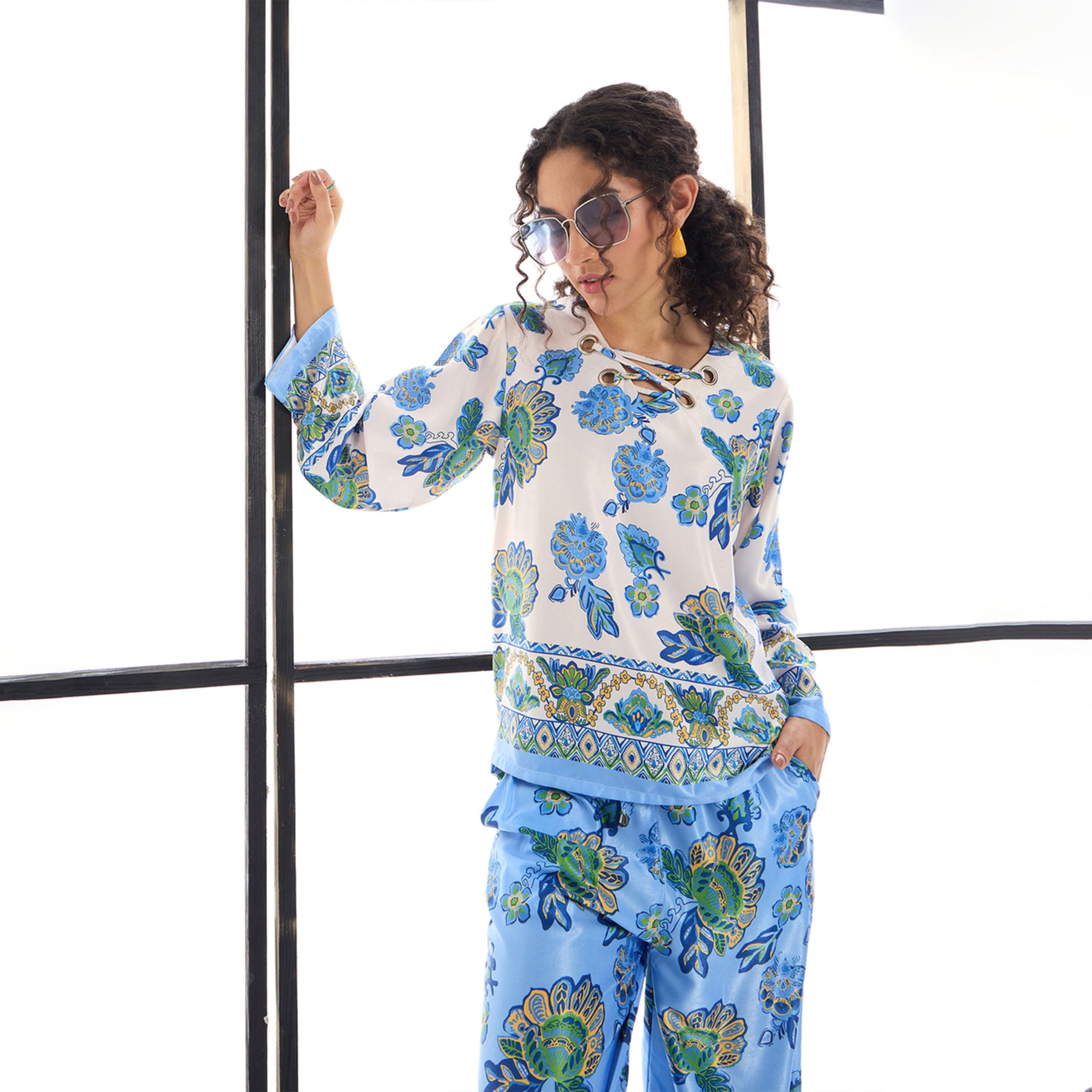 طقم منسق من بنطال وبلوزة بطبعة زهور ساسافراس × ستايلي-women-clothing-coordsets-image-9