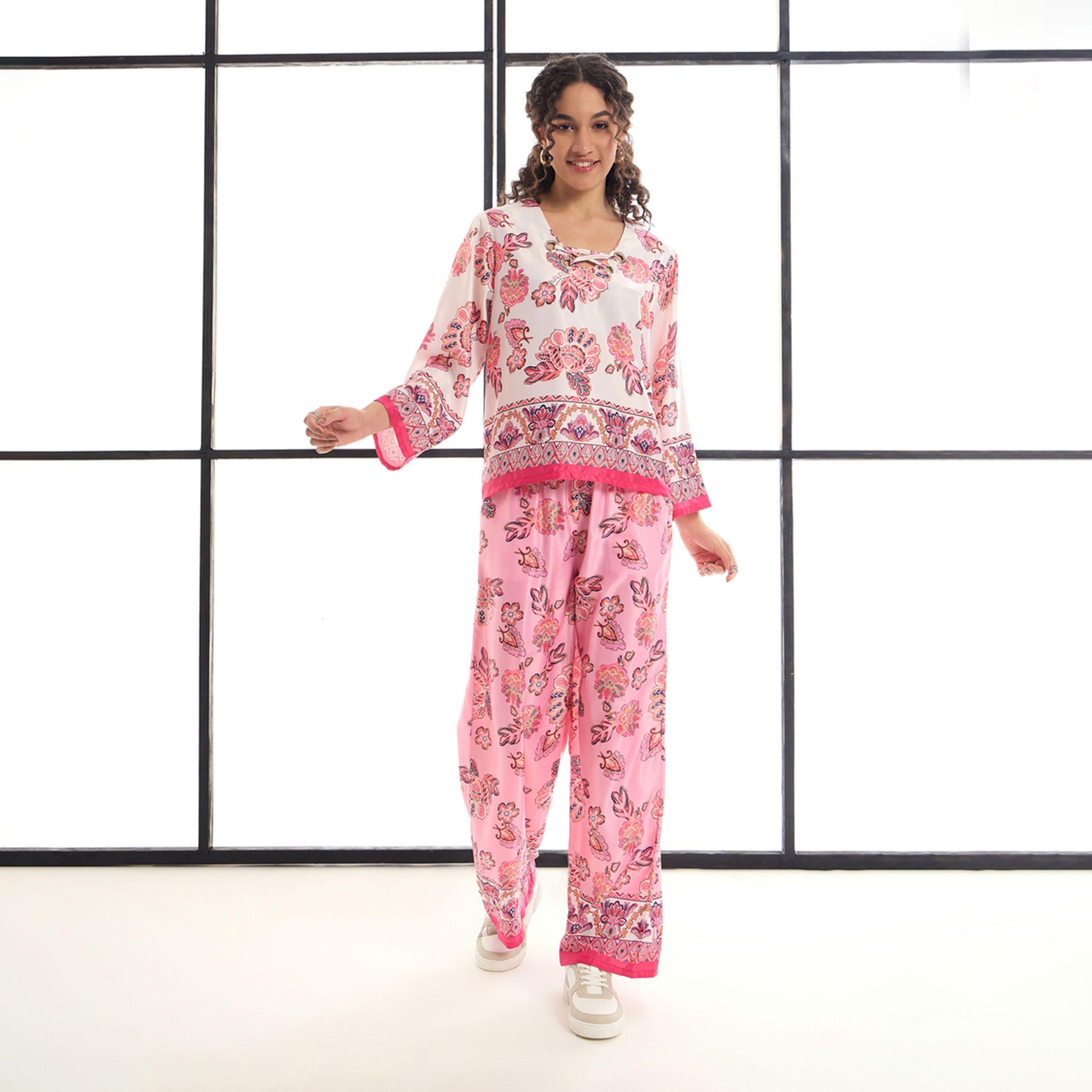 طقم منسق من بنطال وبلوزة بطبعة زهور ساسافراس × ستايلي-women-clothing-coordsets-image-2
