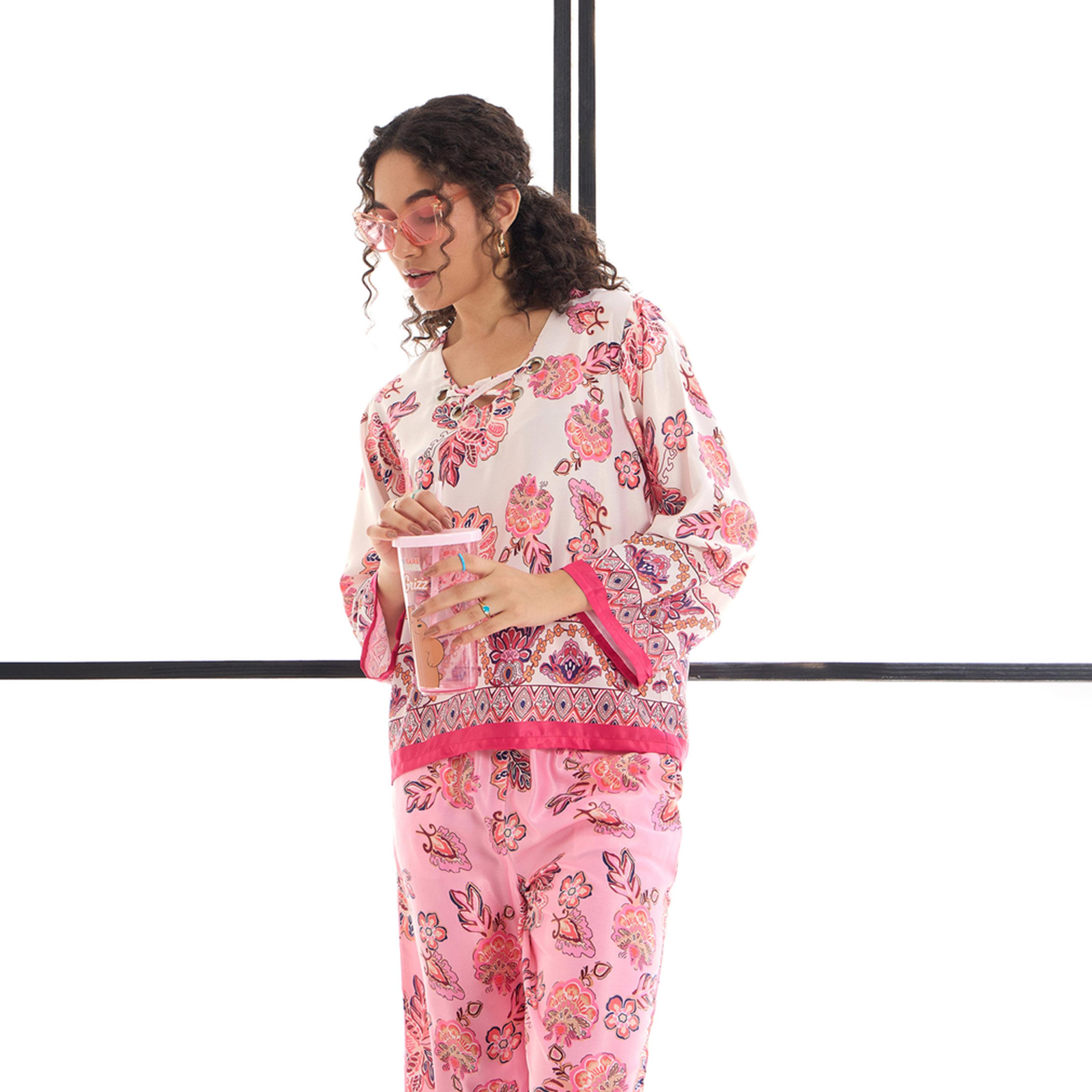 طقم منسق من بنطال وبلوزة بطبعة زهور ساسافراس × ستايلي-women-clothing-coordsets-image-8