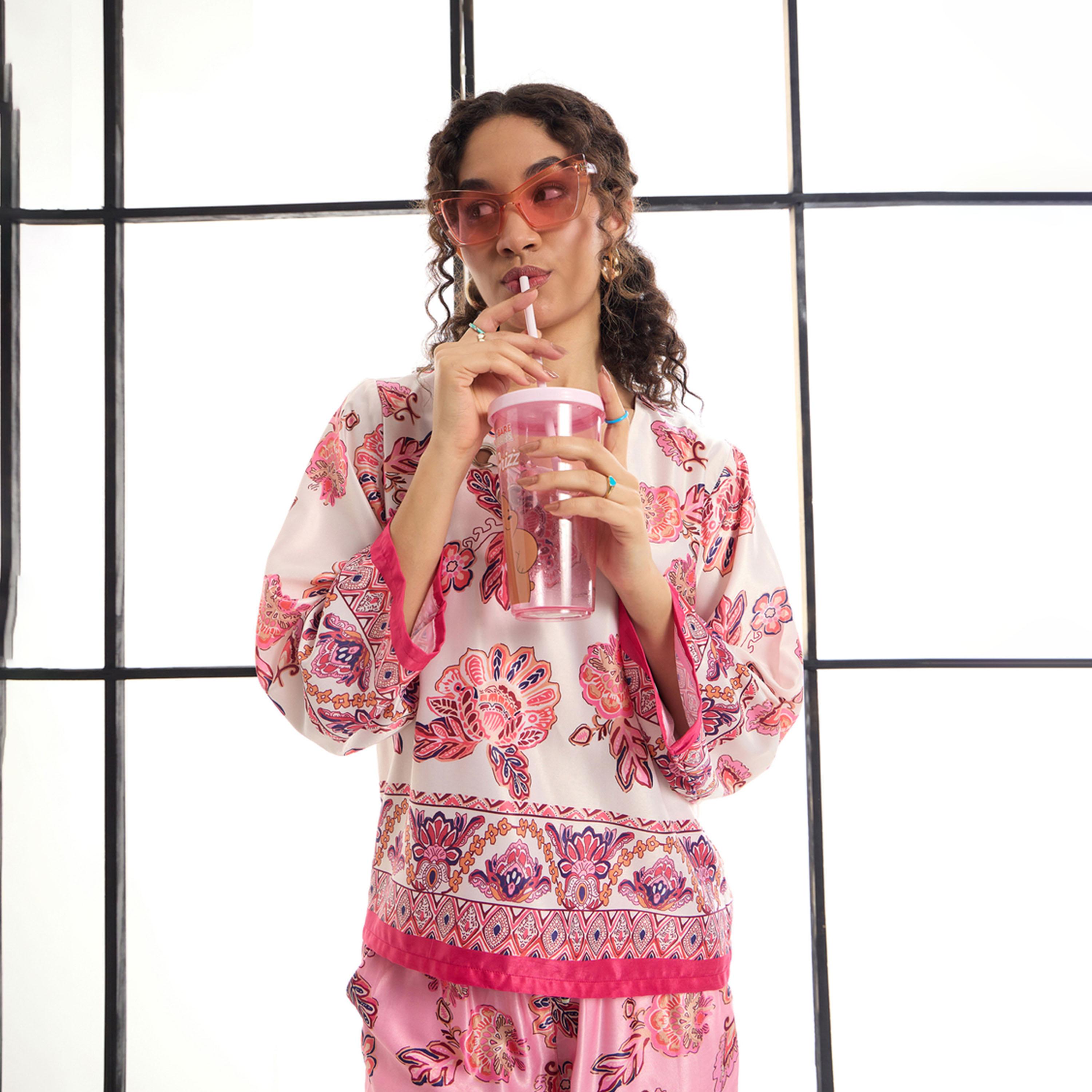 طقم منسق من بنطال وبلوزة بطبعة زهور ساسافراس × ستايلي-women-clothing-coordsets-image-9