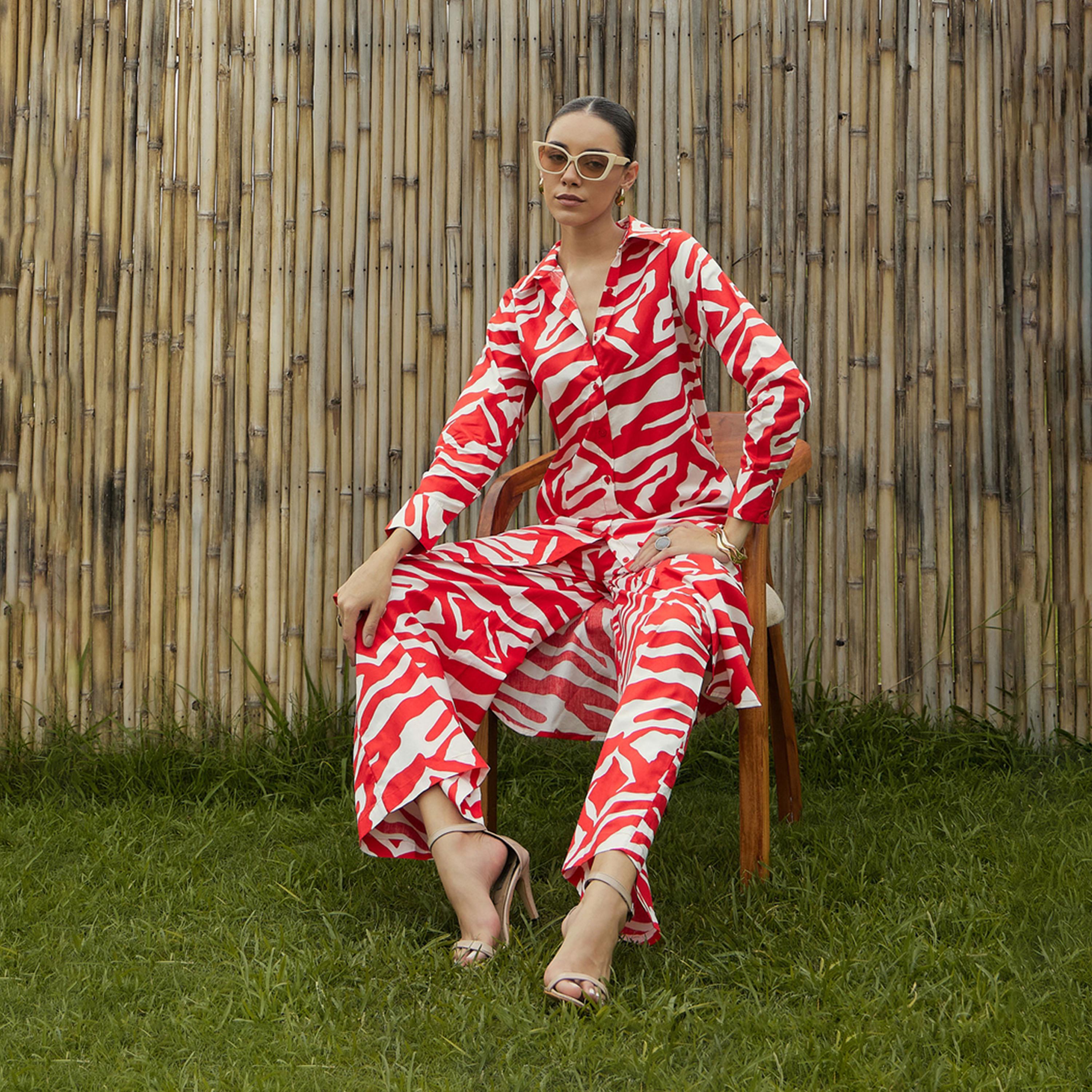Sassafras X Styli  Abstract Printed Longline Shirt & Pants Co-Ords-women-clothing-coordsets-image-2