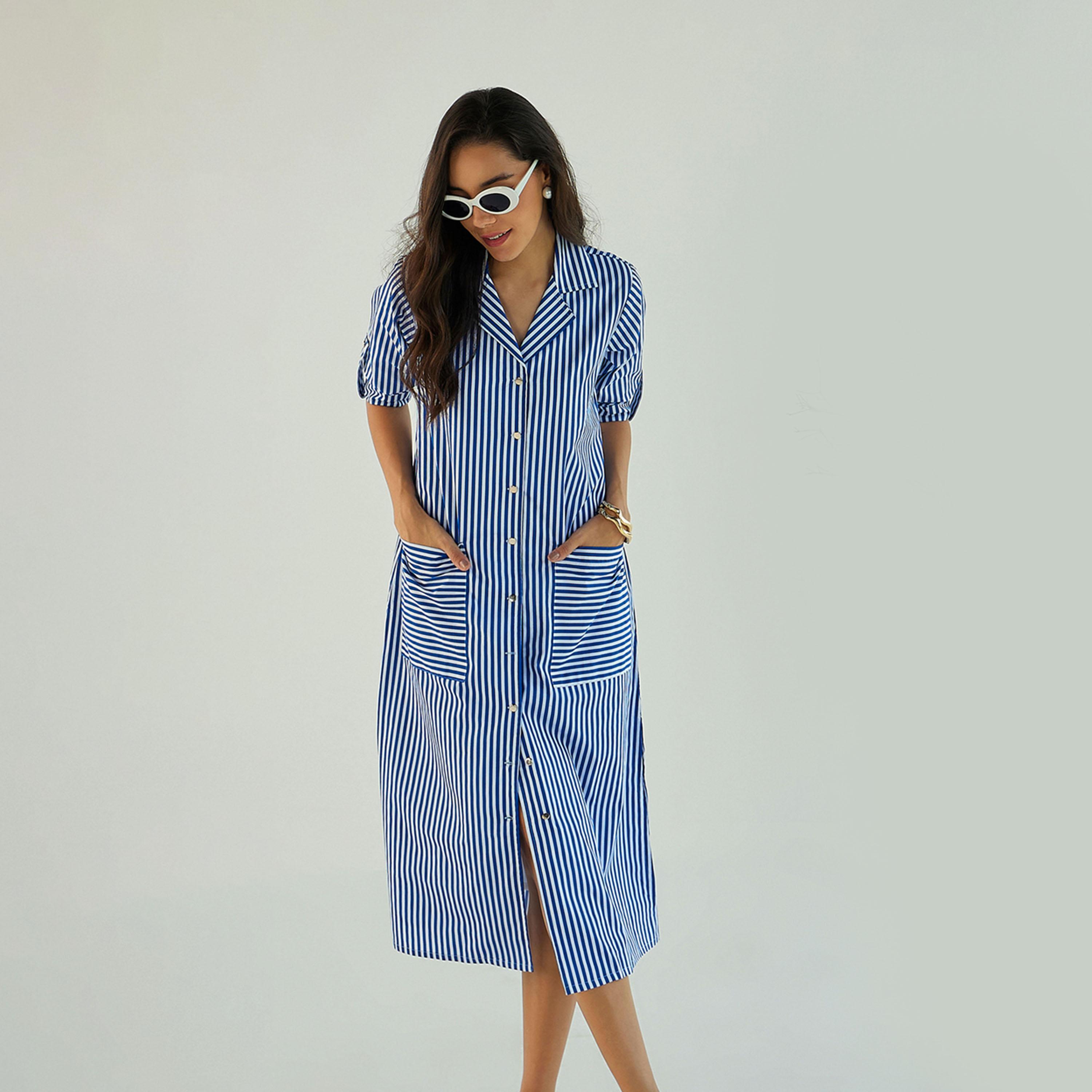 Sassafras X Styli  Striped Notch Lapel Shirt Midi Dress-women-clothing-dresses-image-1