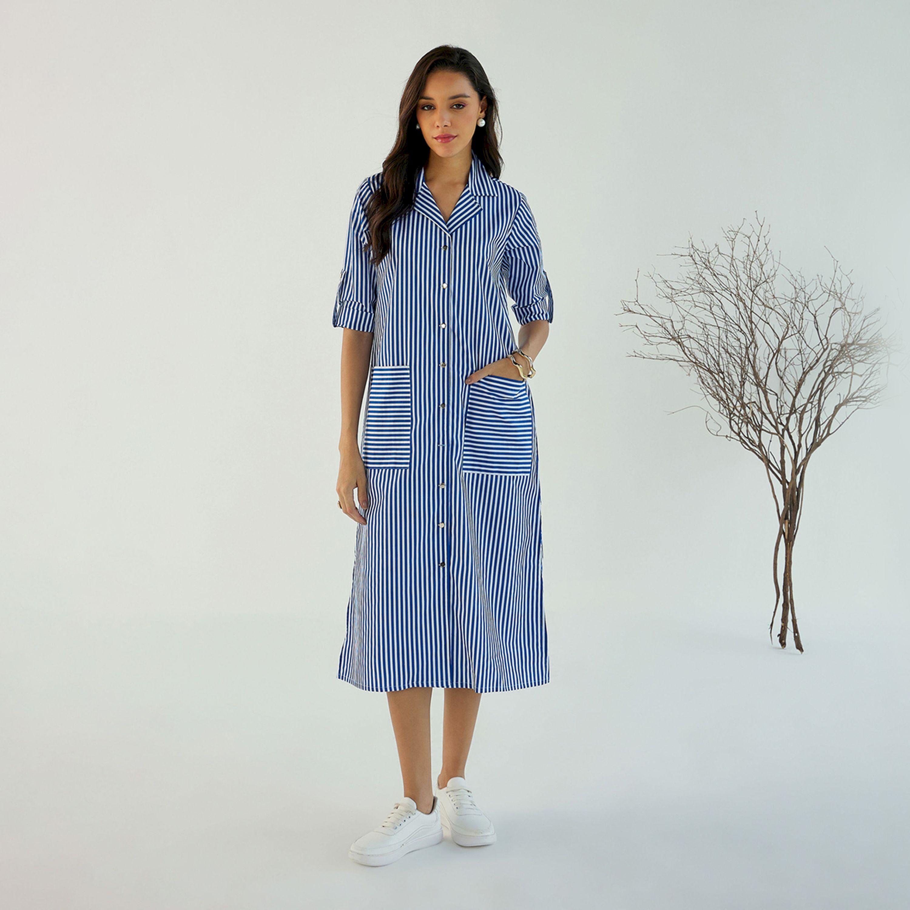 فستان ميدي مخطط مع ياقة بشق ساسافراس × ستايلي-women-clothing-dresses-image-2