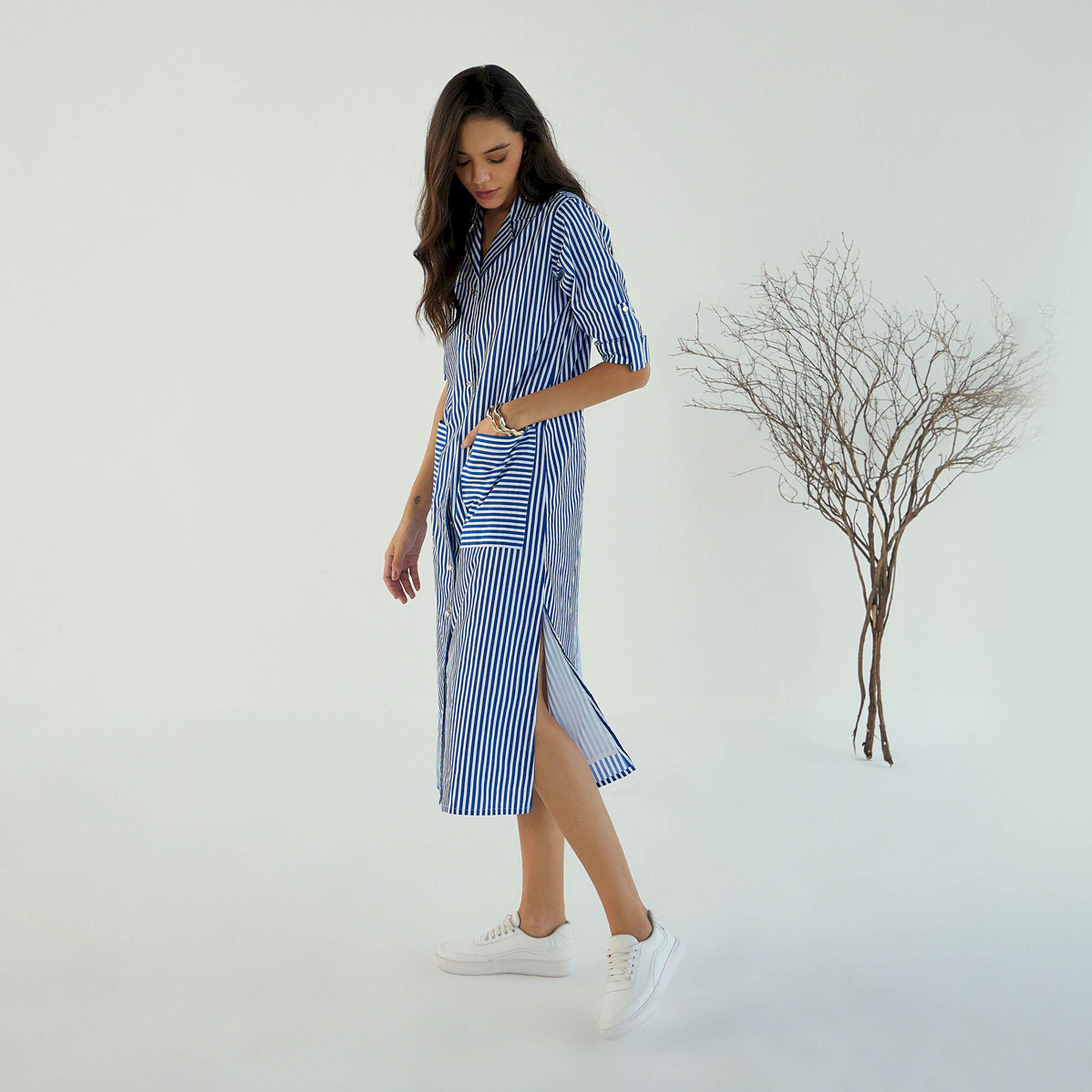 Sassafras X Styli  Striped Notch Lapel Shirt Midi Dress-women-clothing-dresses-image-3