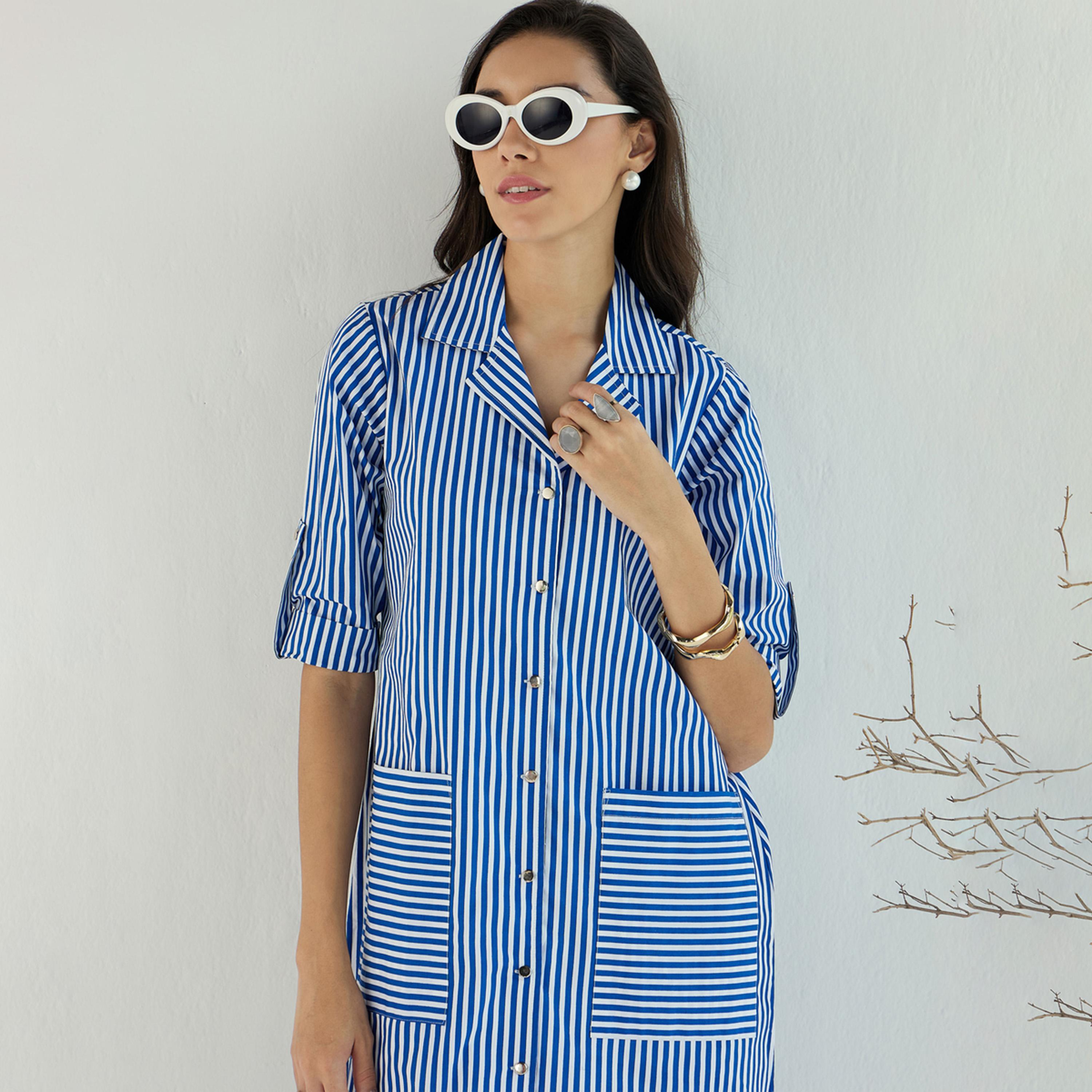 Sassafras X Styli  Striped Notch Lapel Shirt Midi Dress-women-clothing-dresses-image-4