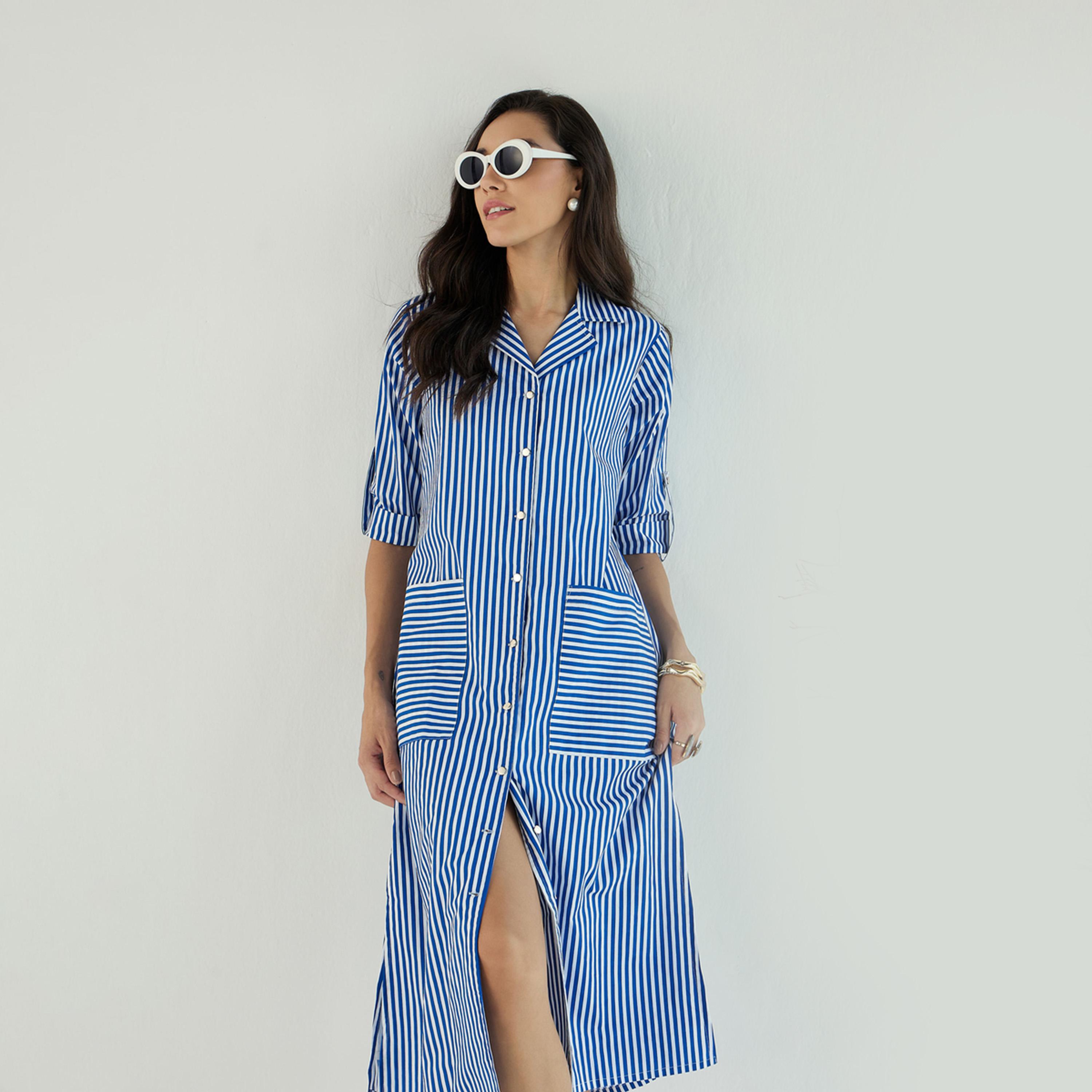 Sassafras X Styli  Striped Notch Lapel Shirt Midi Dress-women-clothing-dresses-image-9