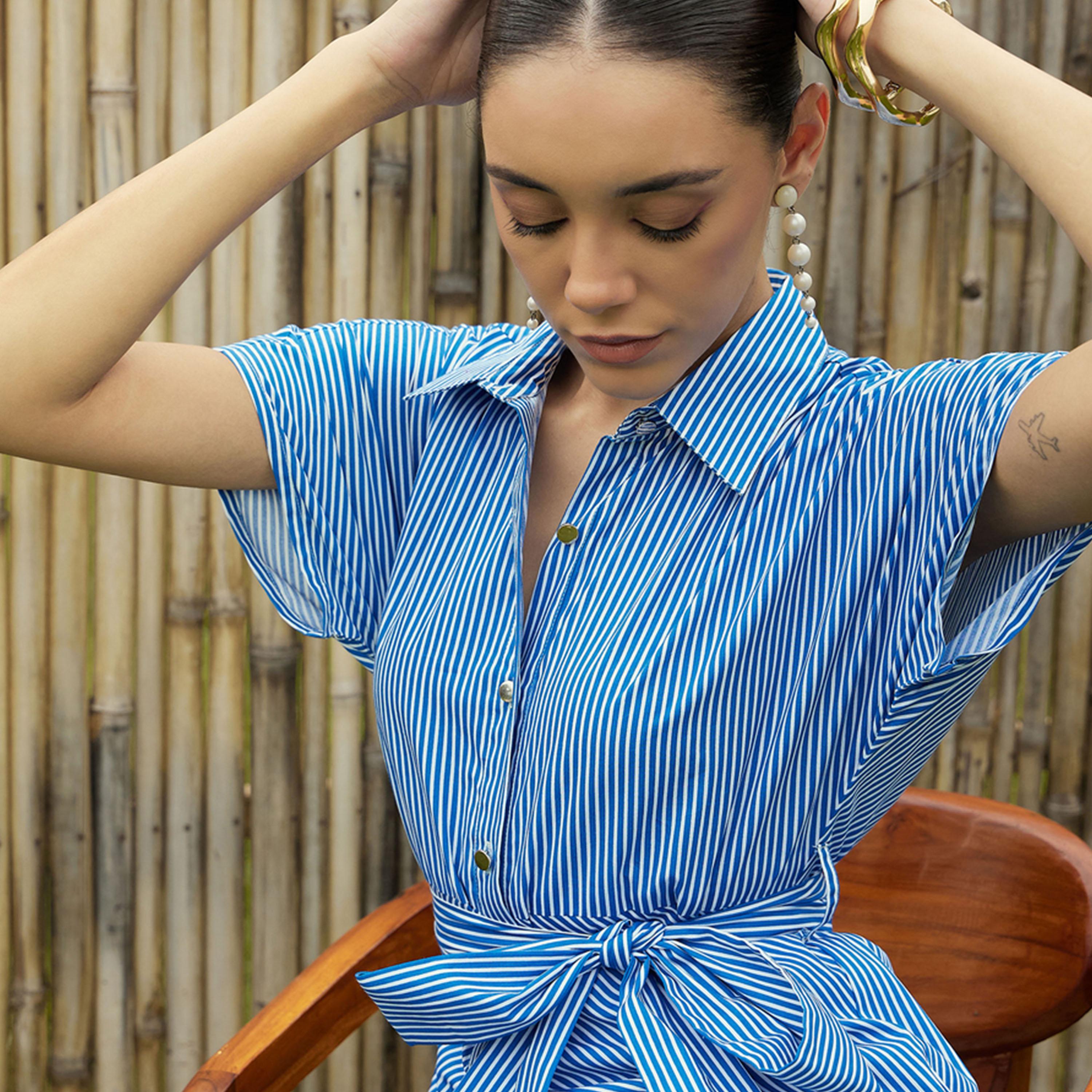فستان ميدي مخطط بتفاصيل مزمومة وحزام ساسافراس × ستايلي-women-clothing-dresses-image-3