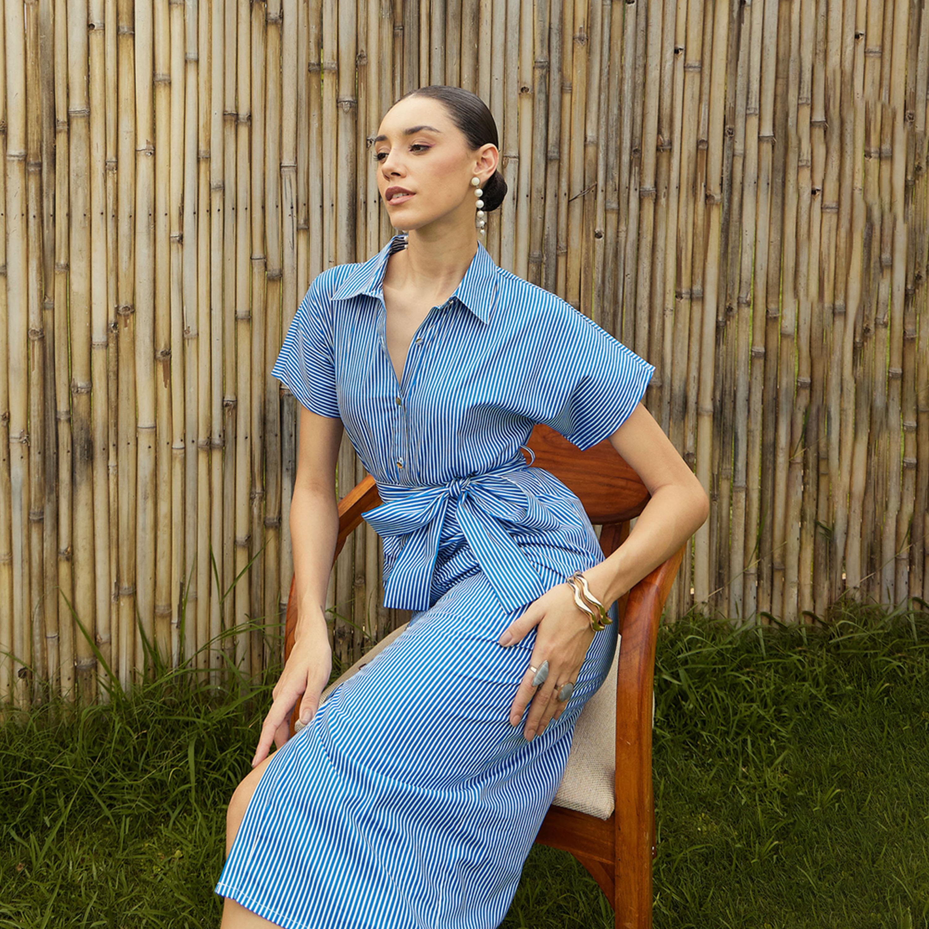 فستان ميدي مخطط بتفاصيل مزمومة وحزام ساسافراس × ستايلي-women-clothing-dresses-image-7