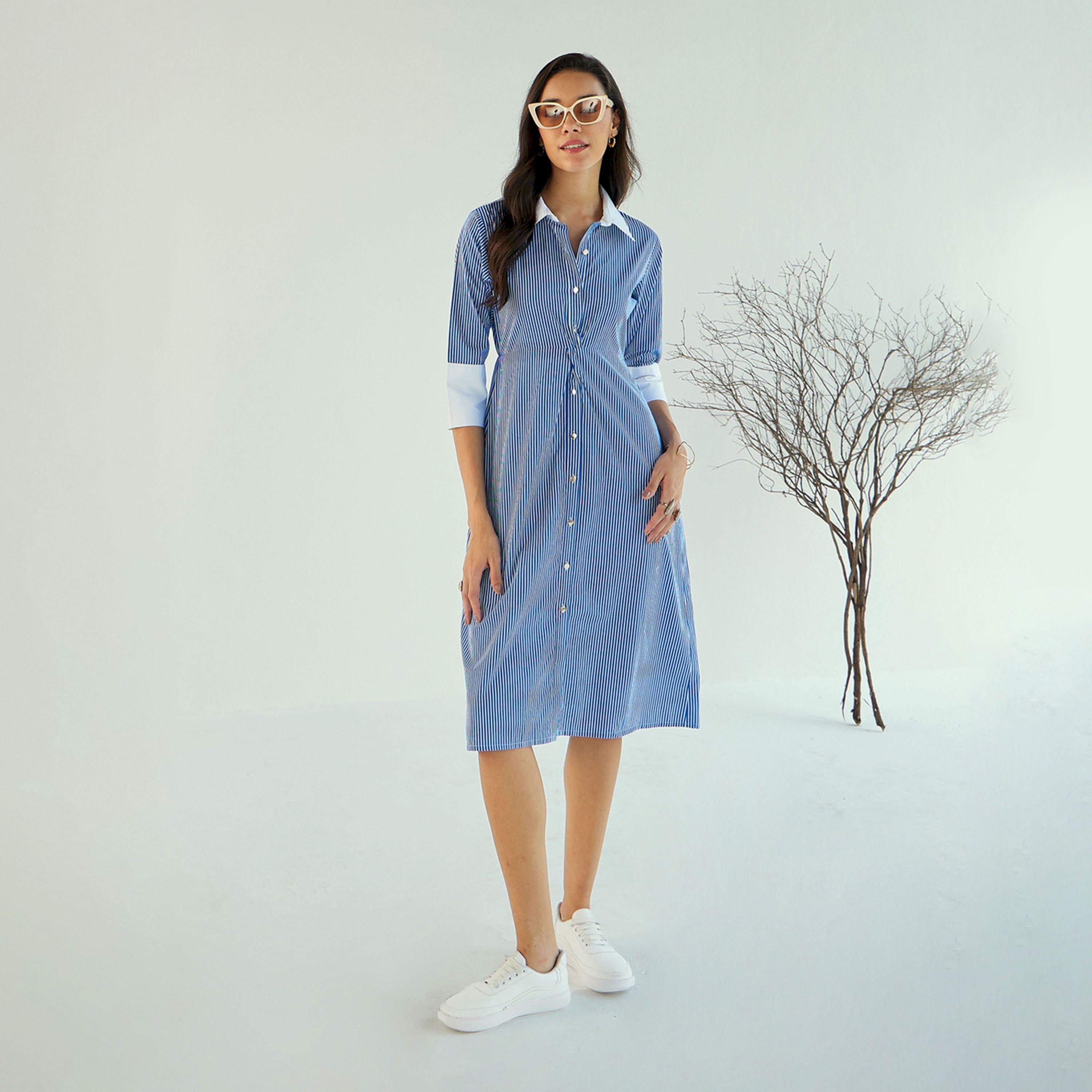 Sassafras X Styli  Striped Contrast Trim Shirt Knee Length Dress-women-clothing-dresses-image-2