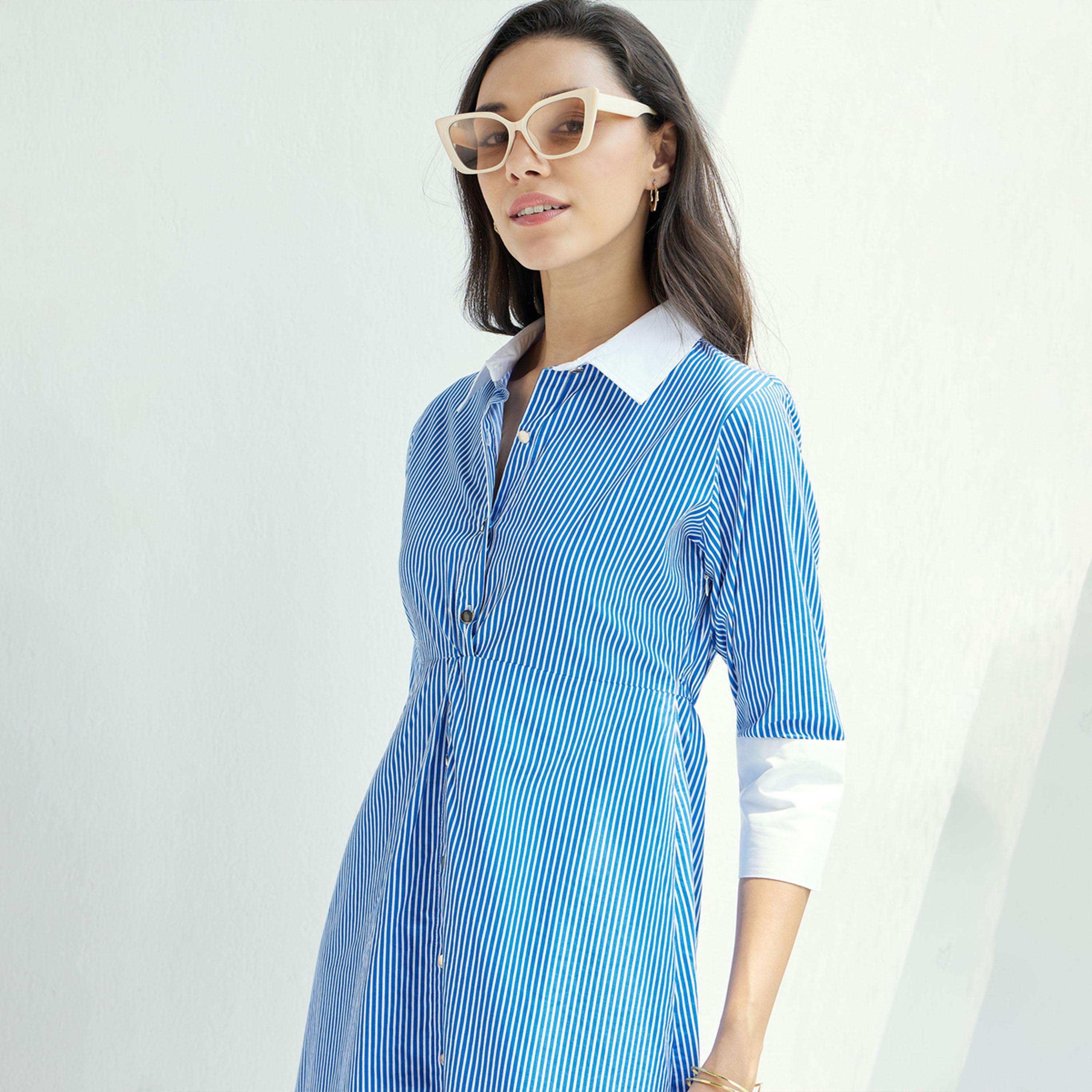 Sassafras X Styli  Striped Contrast Trim Shirt Knee Length Dress-women-clothing-dresses-image-4