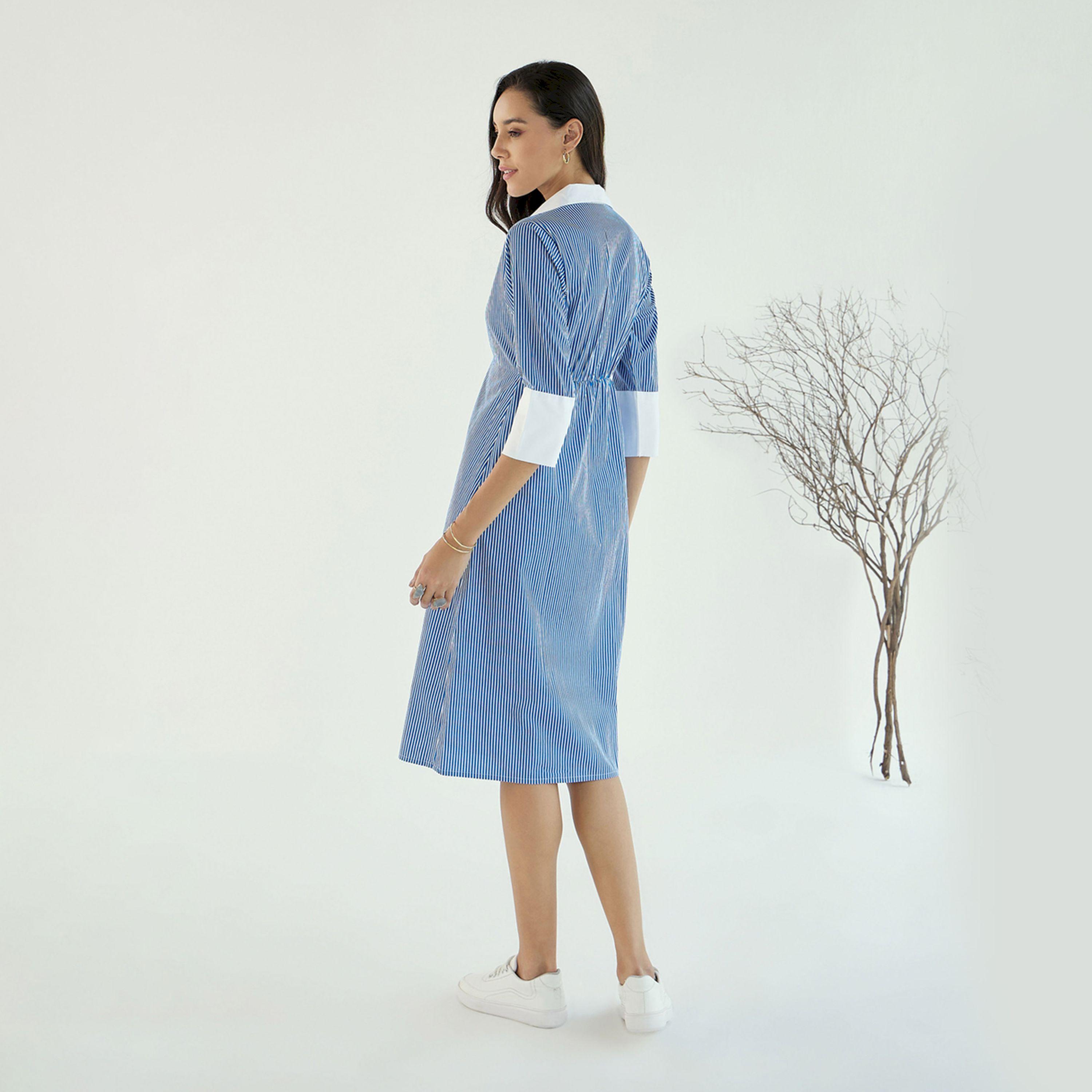 فستان مخطط بطول الركبة وتفاصيل متباينة ساسافراس × ستايلي-women-clothing-dresses-image-5