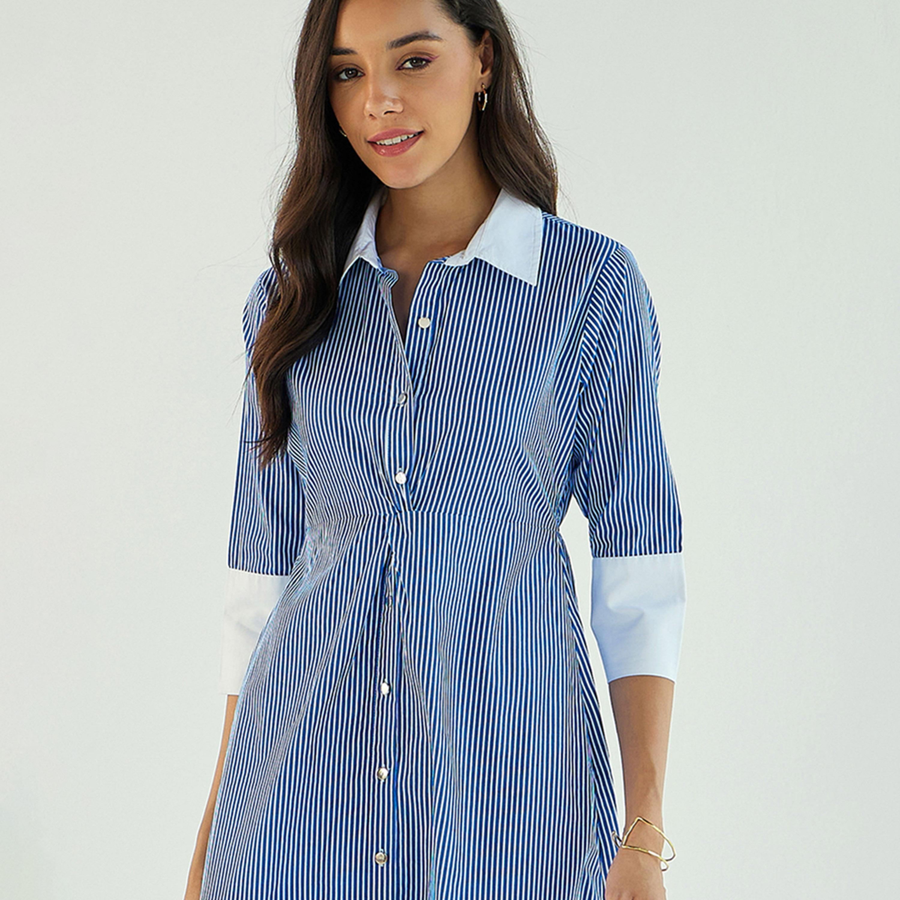 Sassafras X Styli  Striped Contrast Trim Shirt Knee Length Dress-women-clothing-dresses-image-6