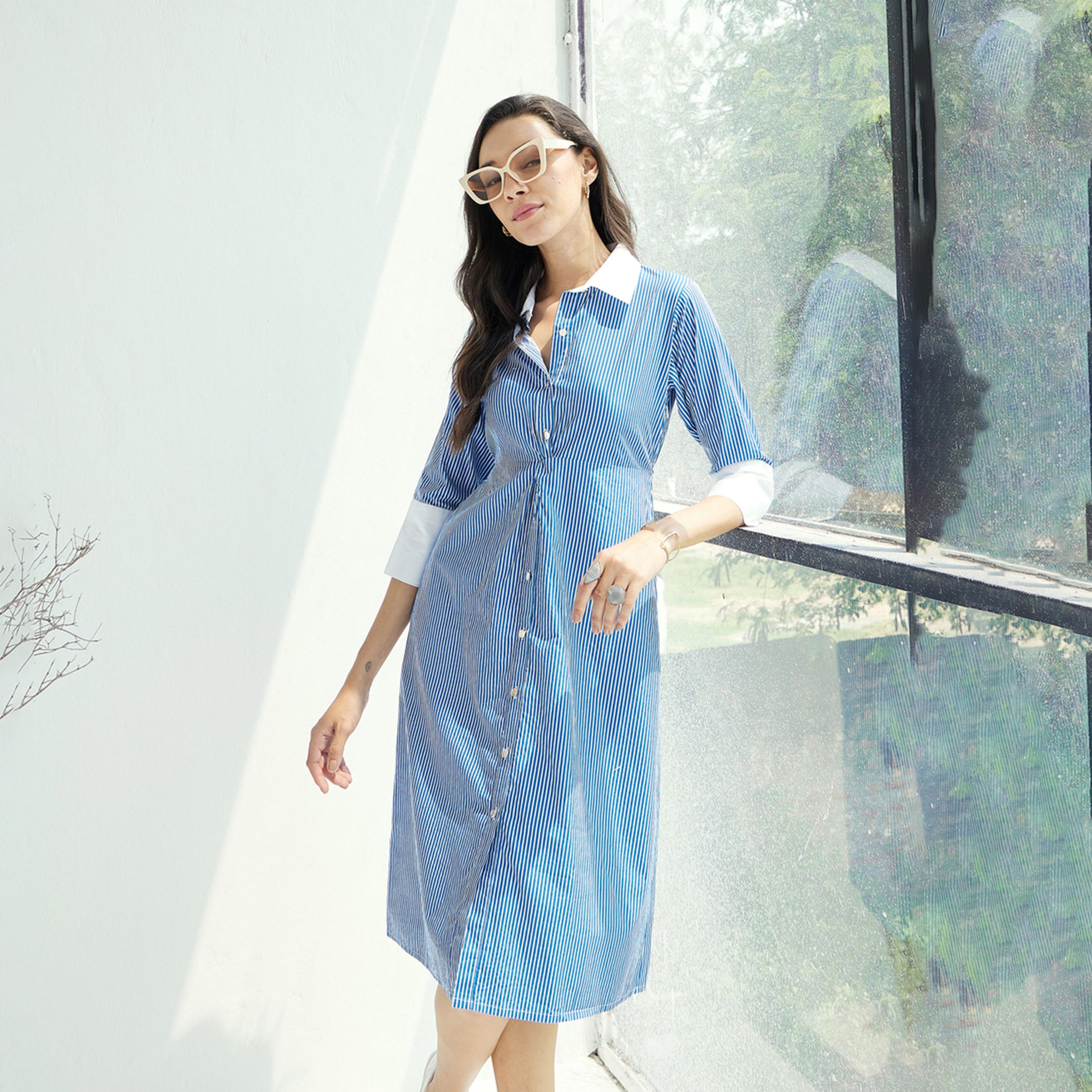 فستان مخطط بطول الركبة وتفاصيل متباينة ساسافراس × ستايلي-women-clothing-dresses-image-8