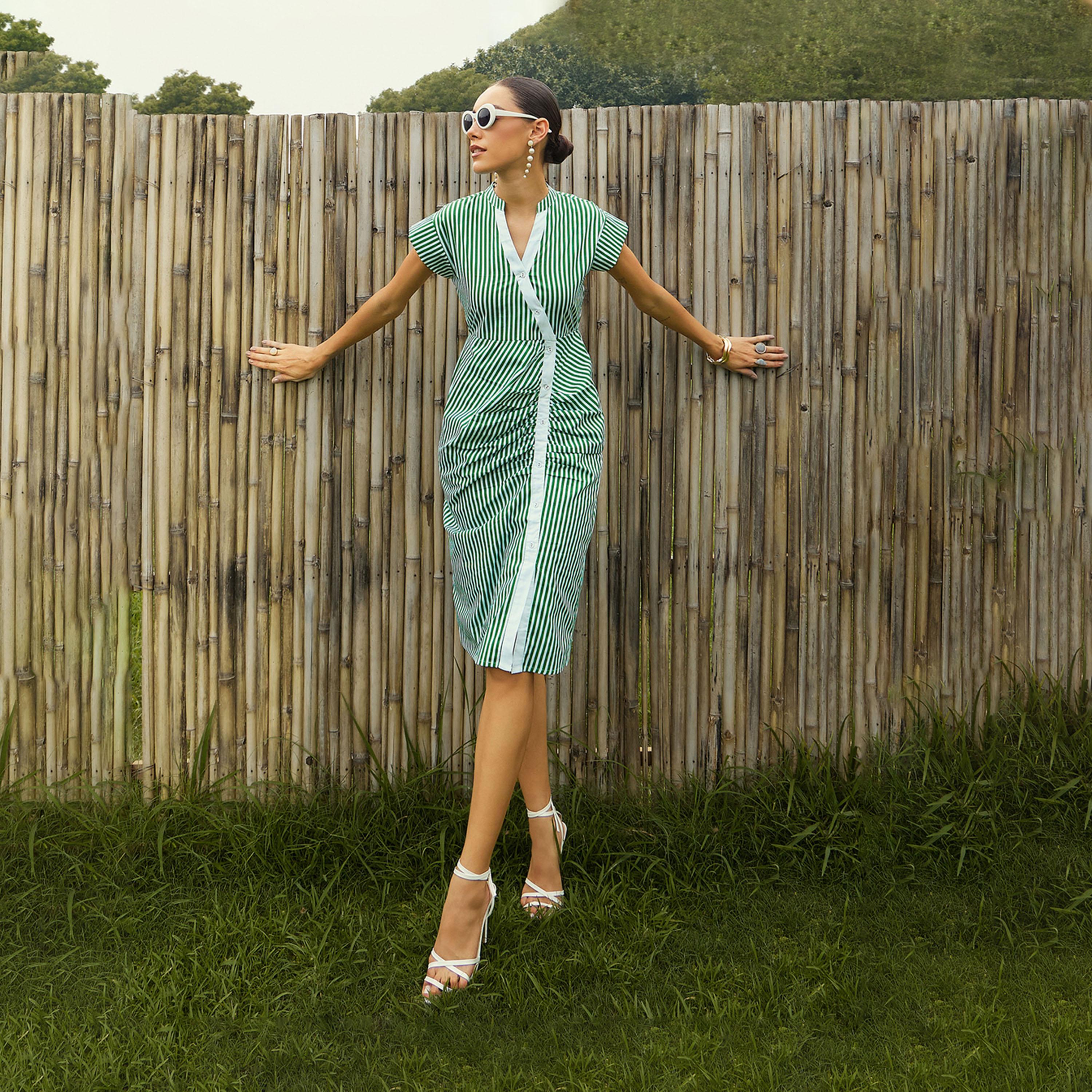 Sassafras X Styli  Striped Ruched Detail Sheath Knee Length Dress-women-clothing-dresses-image-1