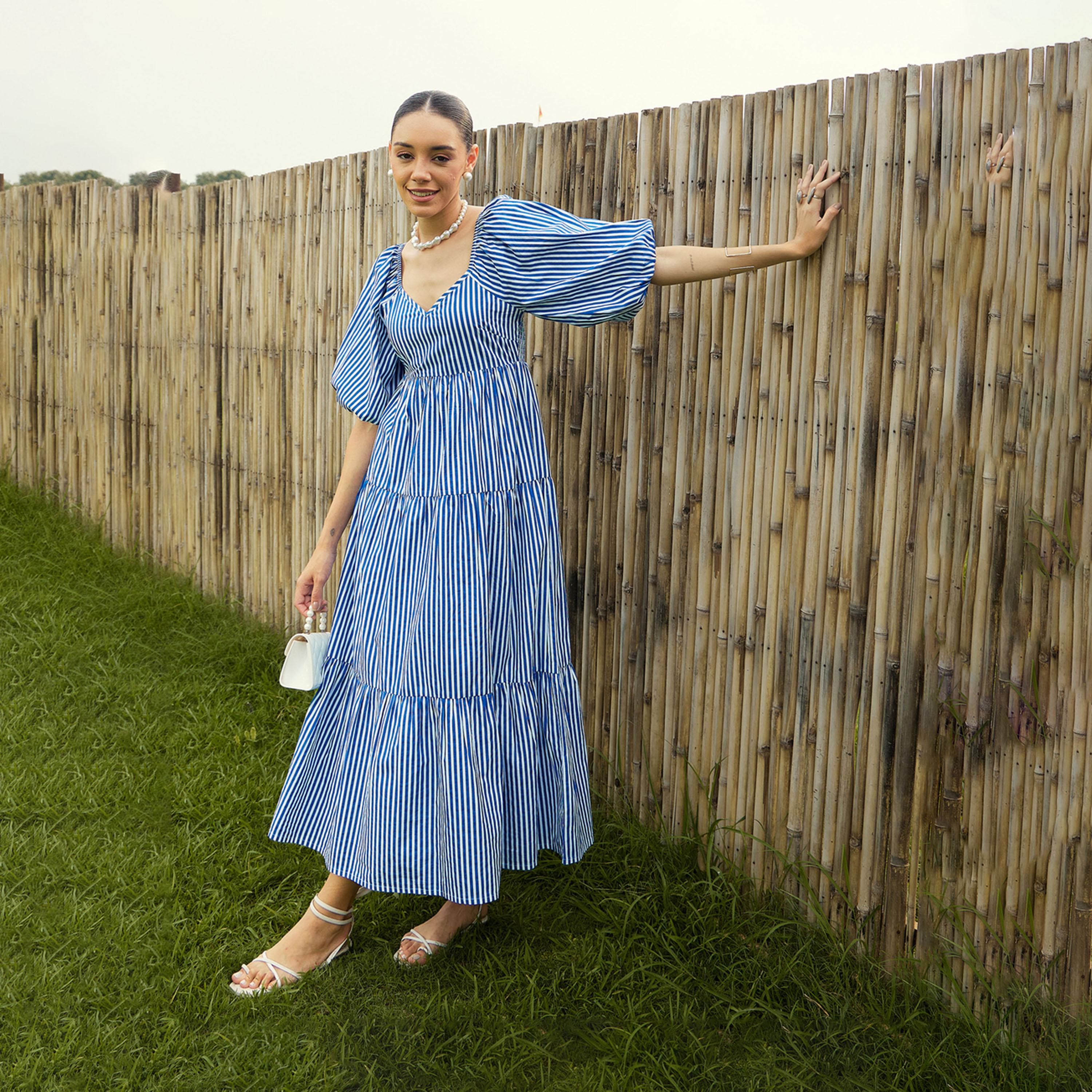 فستان طويل مخطط ومزين بكسرات ساسافراس × ستايلي-women-clothing-dresses-image-2
