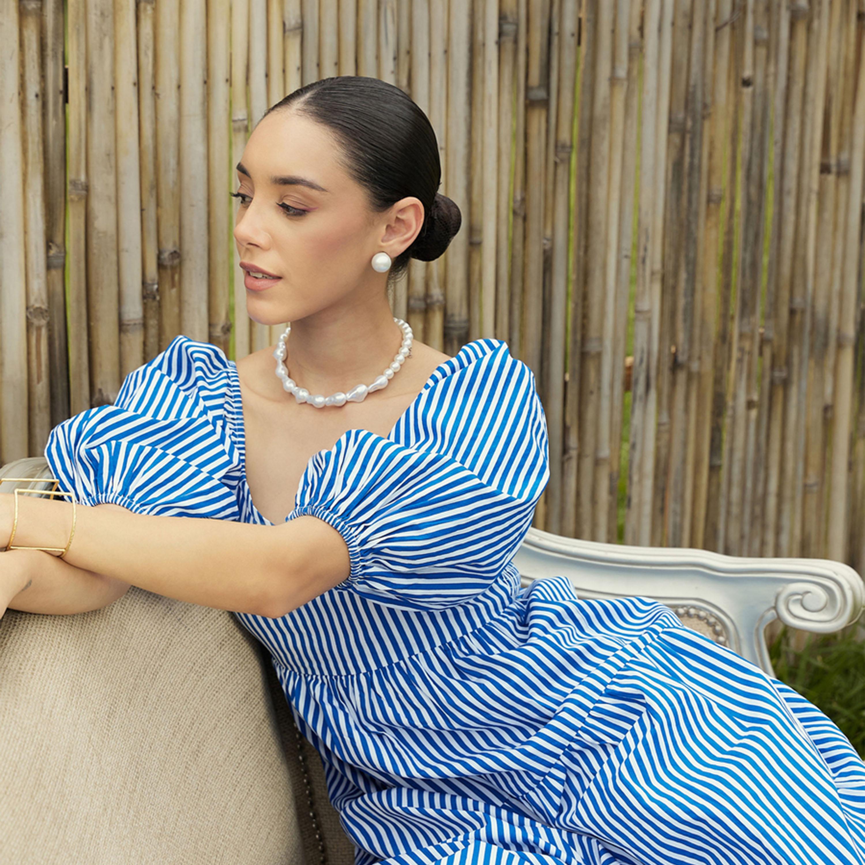 فستان طويل مخطط ومزين بكسرات ساسافراس × ستايلي-women-clothing-dresses-image-4