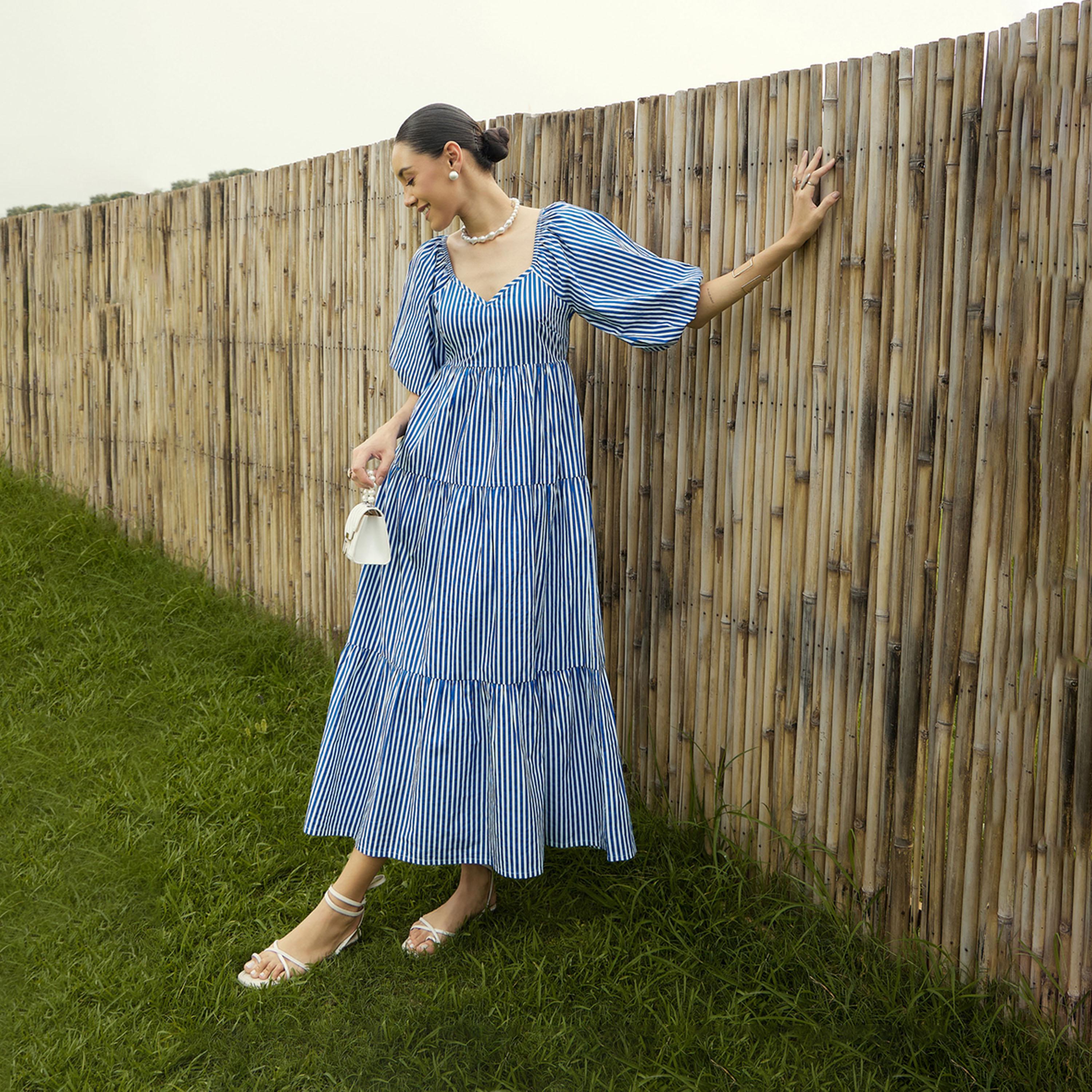 فستان طويل مخطط ومزين بكسرات ساسافراس × ستايلي-women-clothing-dresses-image-7