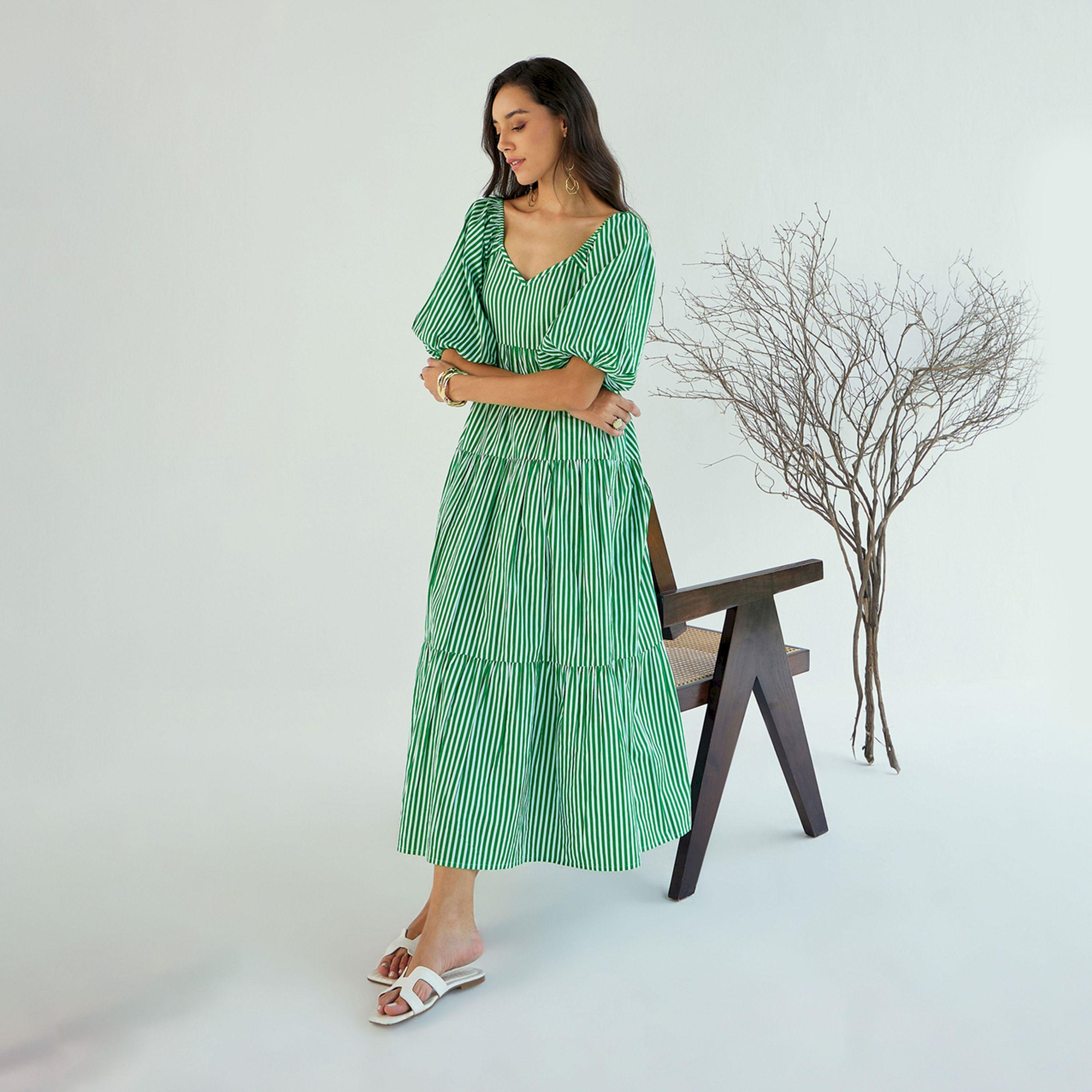 Sassafras X Styli  Striped V Neck Tiered Maxi Dress-women-clothing-dresses-image-1