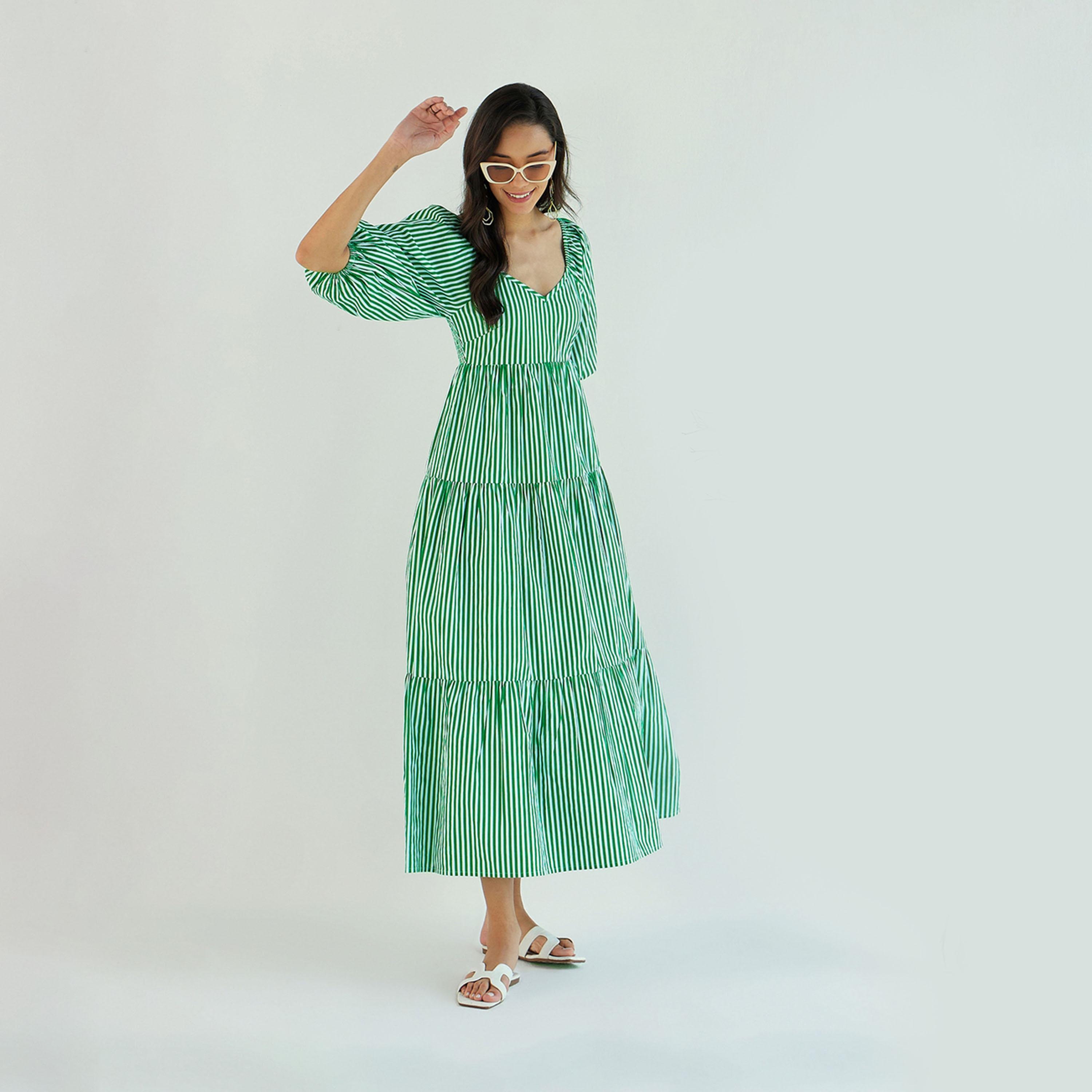 فستان طويل مخطط ومزين بكسرات ساسافراس × ستايلي-women-clothing-dresses-image-2