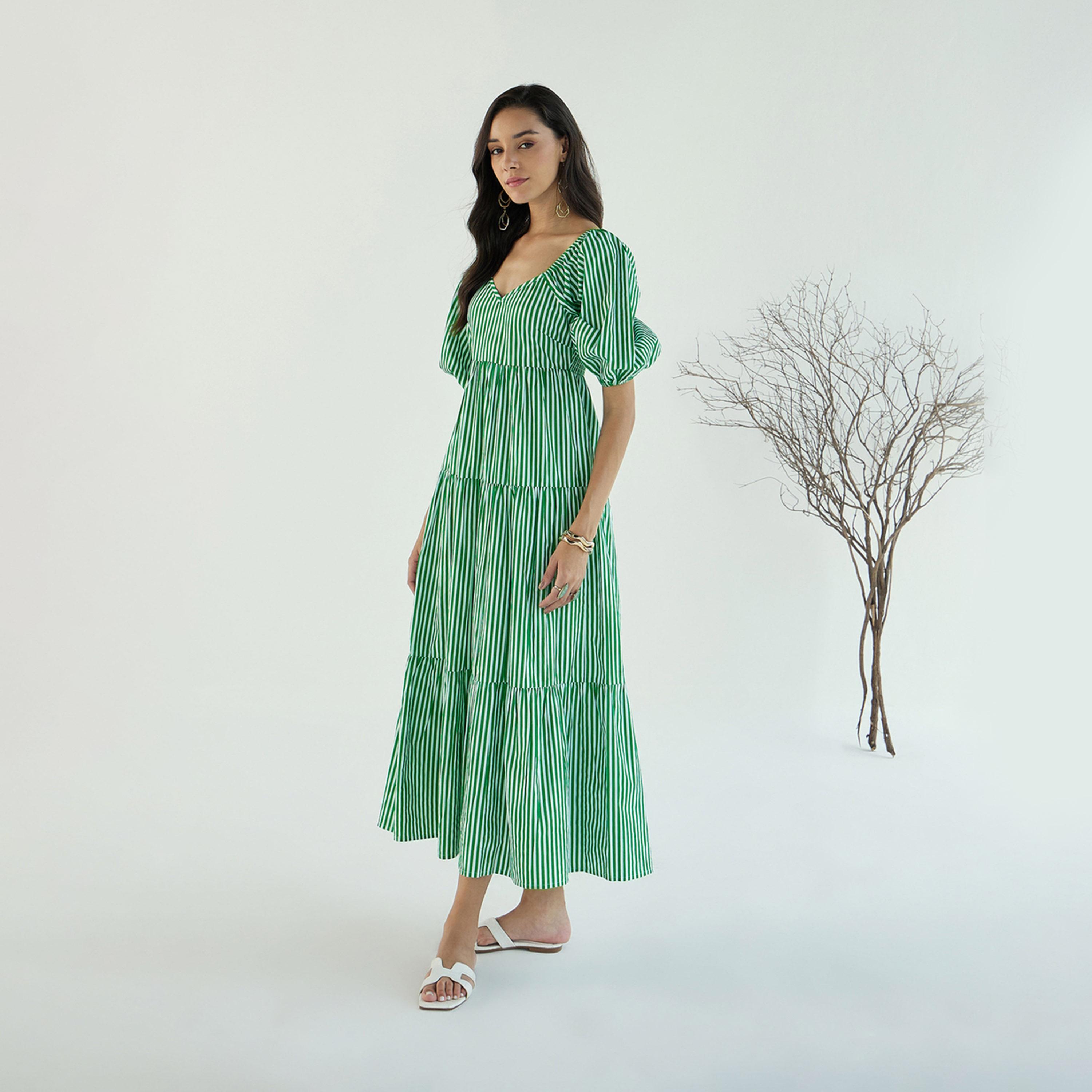 Sassafras X Styli  Striped V Neck Tiered Maxi Dress-women-clothing-dresses-image-3