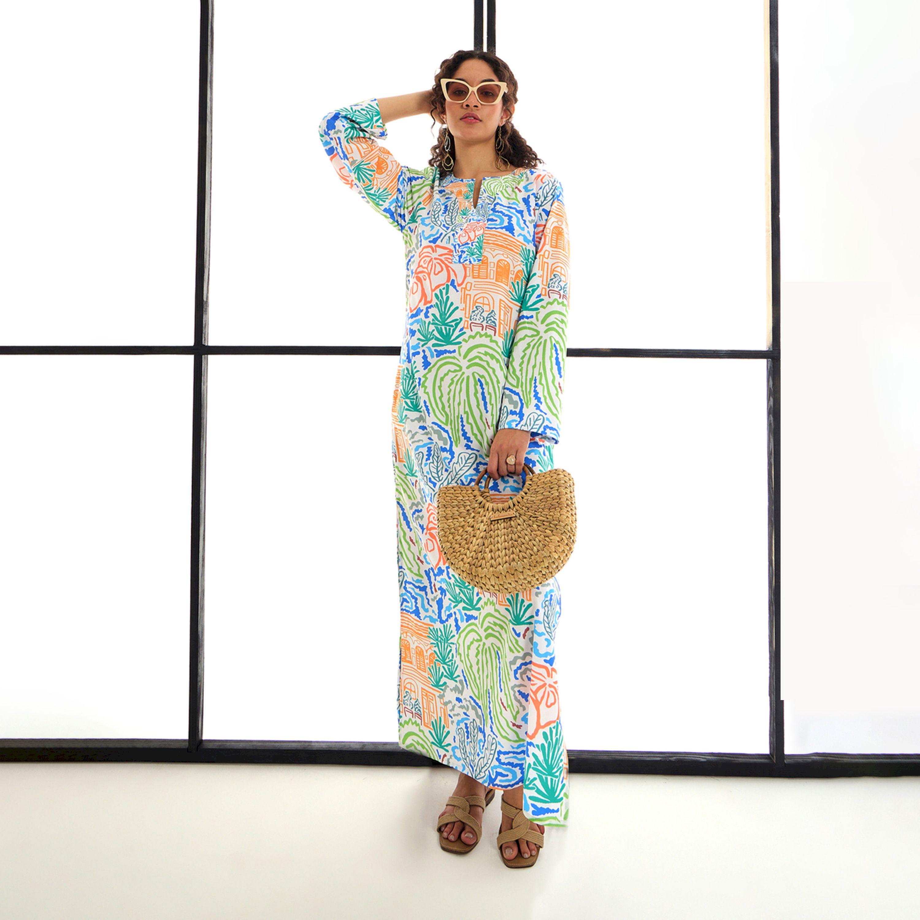 فستان طويل بياقة بشق مطبع بالكامل ساسافراس × ستايلي-women-clothing-dresses-image-1