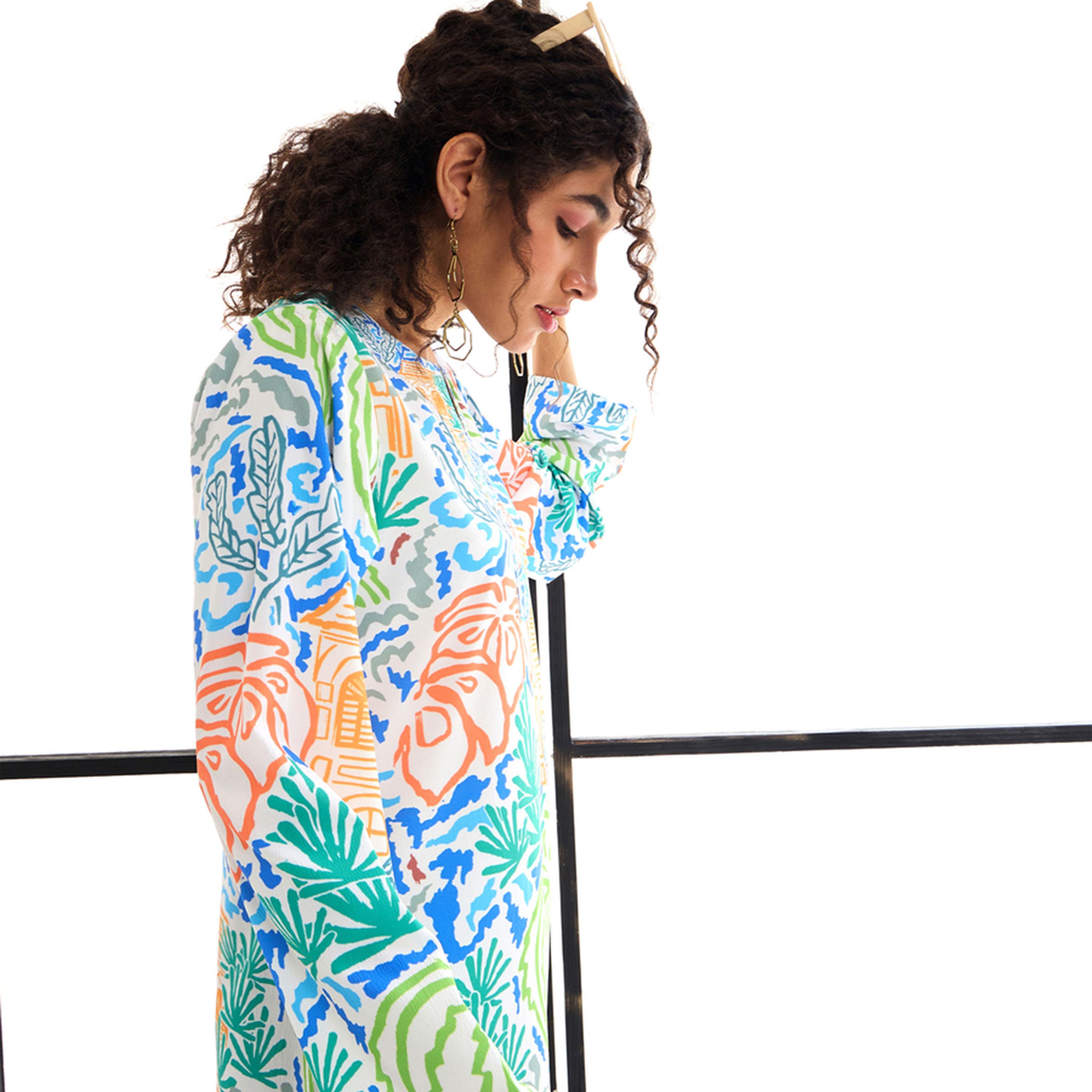 فستان طويل بياقة بشق مطبع بالكامل ساسافراس × ستايلي-women-clothing-dresses-image-2