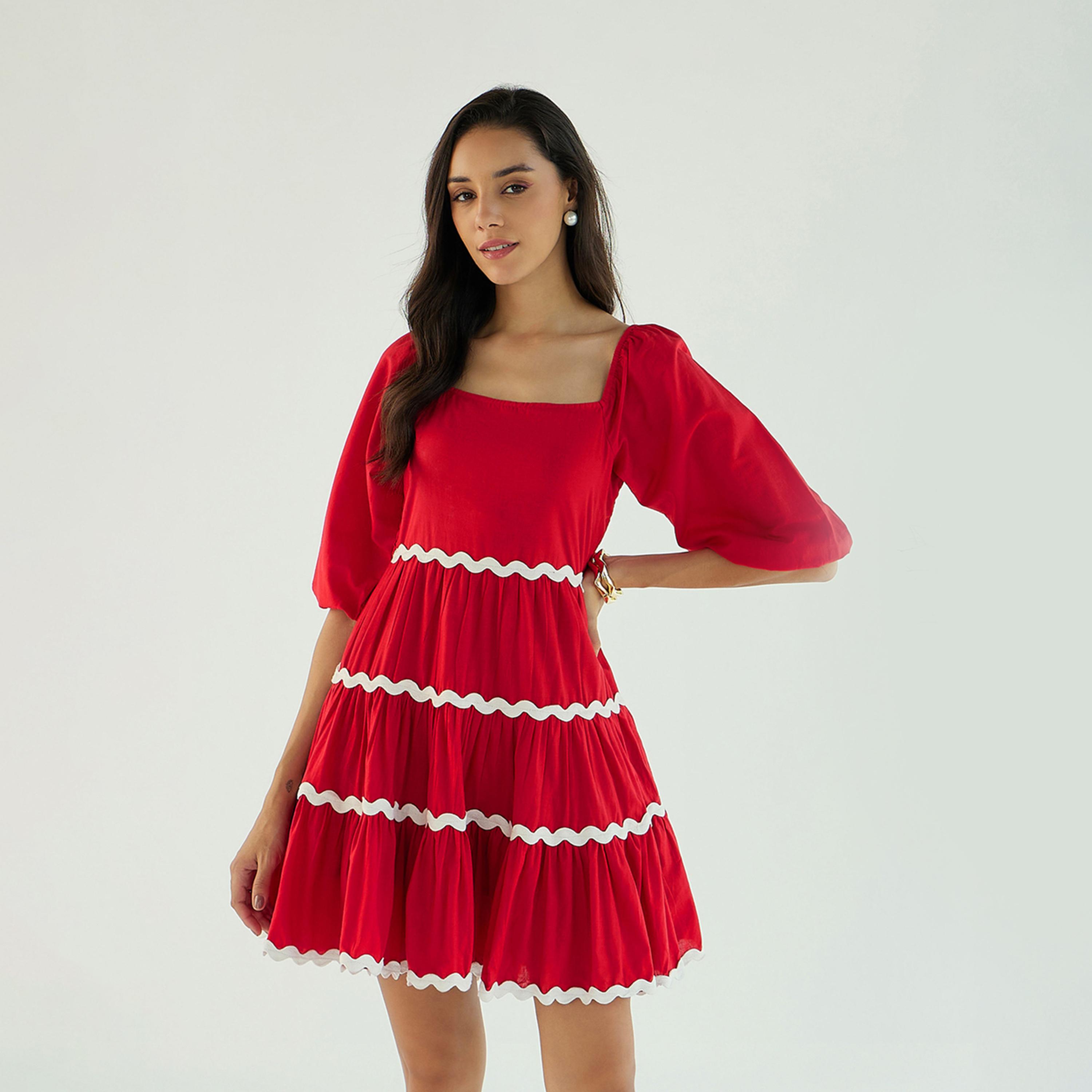 Sassafras X Styli  Ric Rac Lace Trim Fit & Flare Mini Dress with Smocking-women-clothing-dresses-image-7