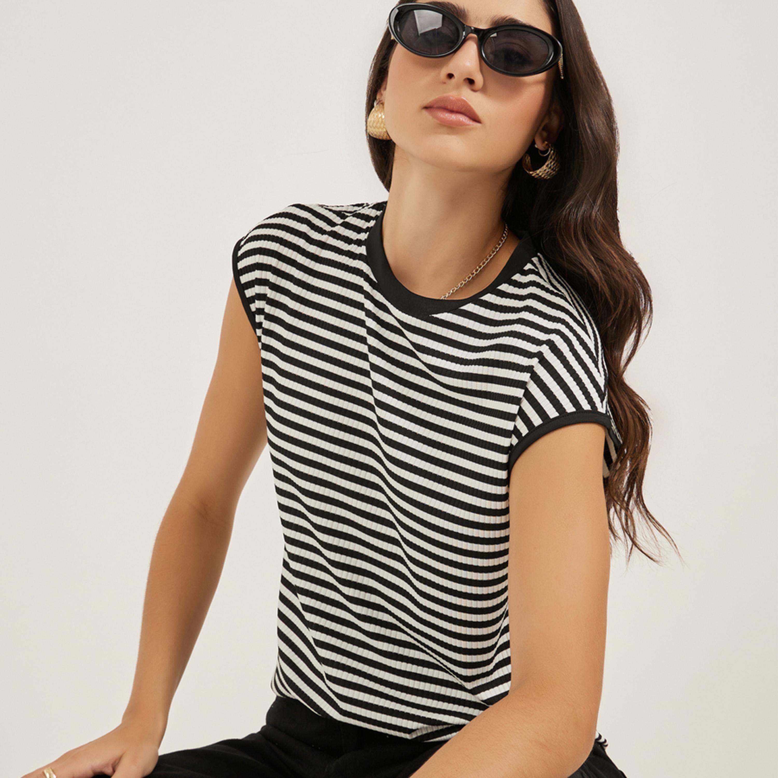 Styli Ribbed Striped Round Neck T-Shirt-women-clothing-tshirts-image-1