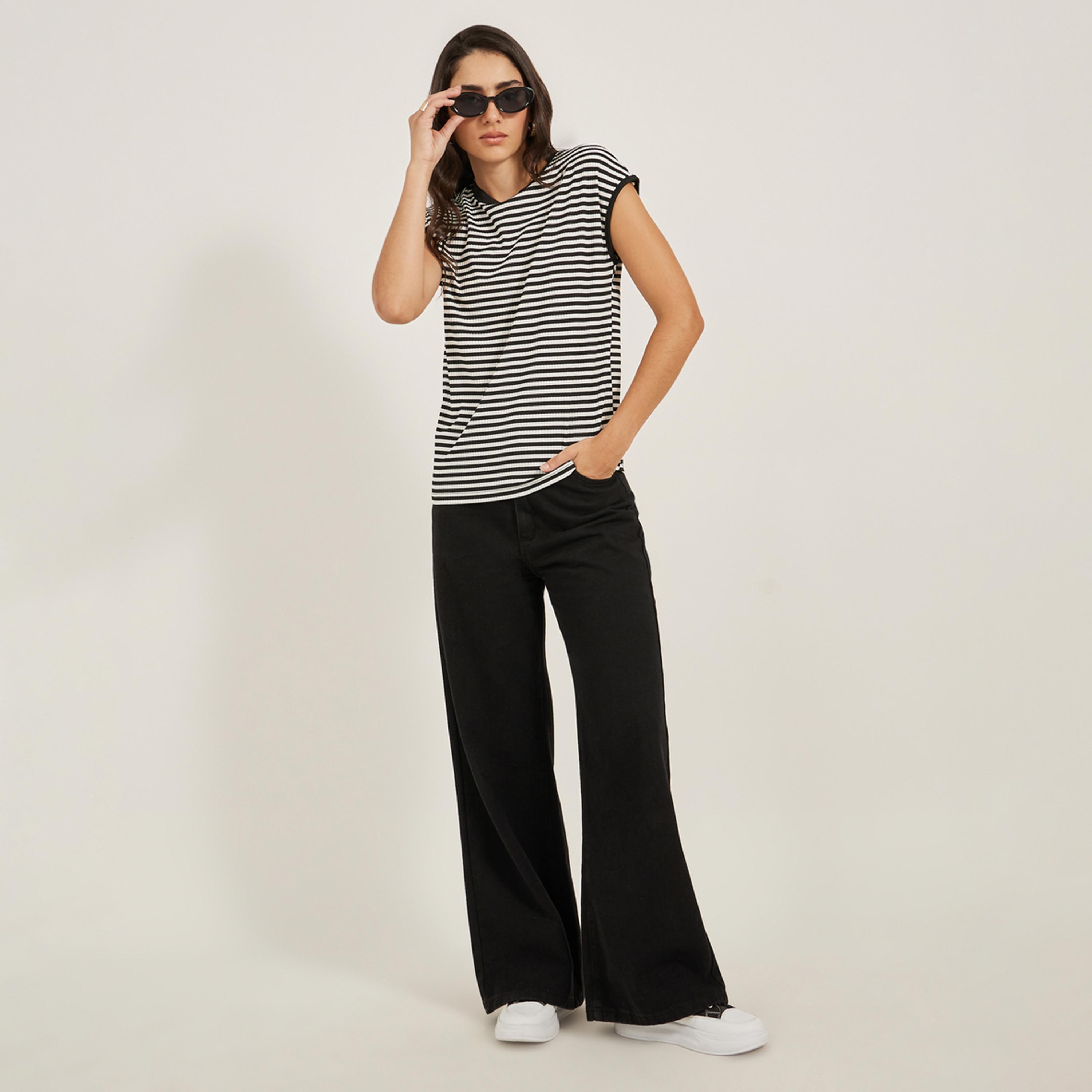 Styli Ribbed Striped Round Neck T-Shirt-women-clothing-tshirts-image-2