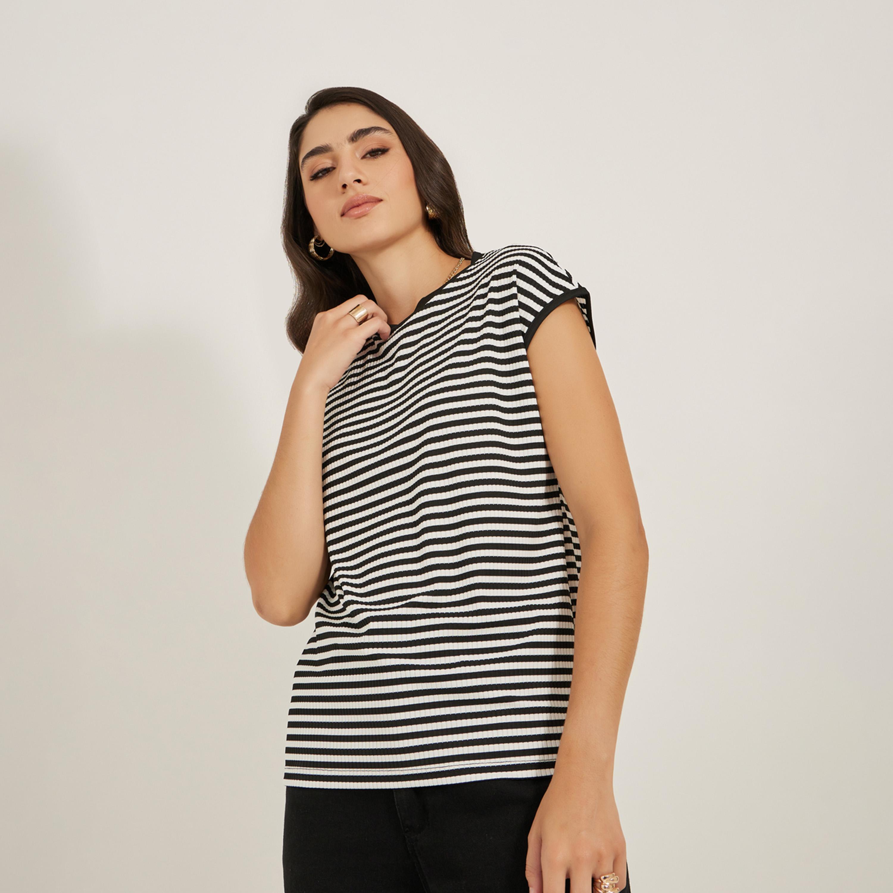 Styli Ribbed Striped Round Neck T-Shirt-women-clothing-tshirts-image-3