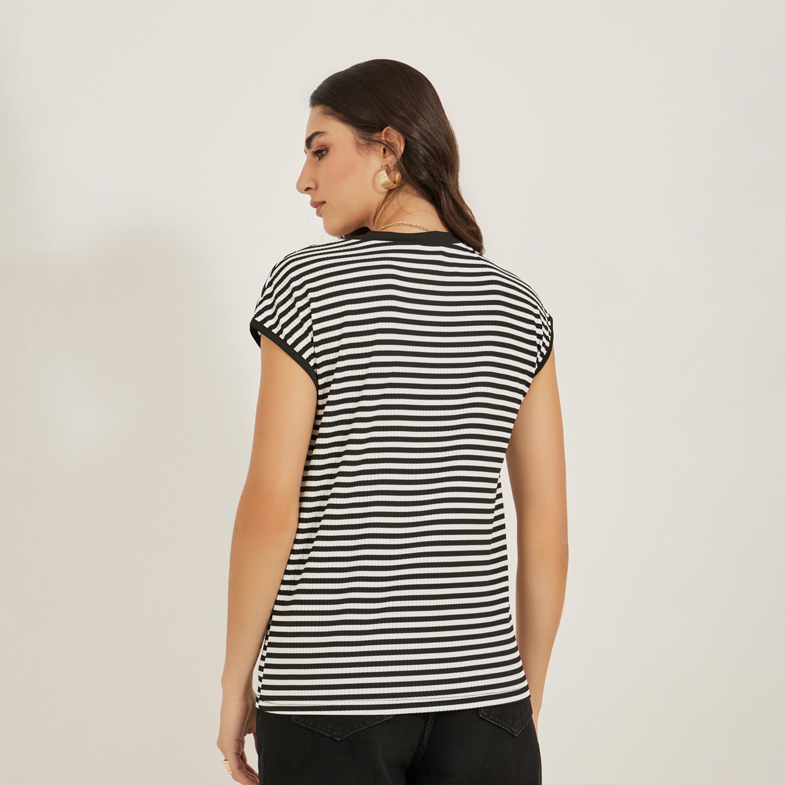 Styli Ribbed Striped Round Neck T-Shirt-women-clothing-tshirts-image-5