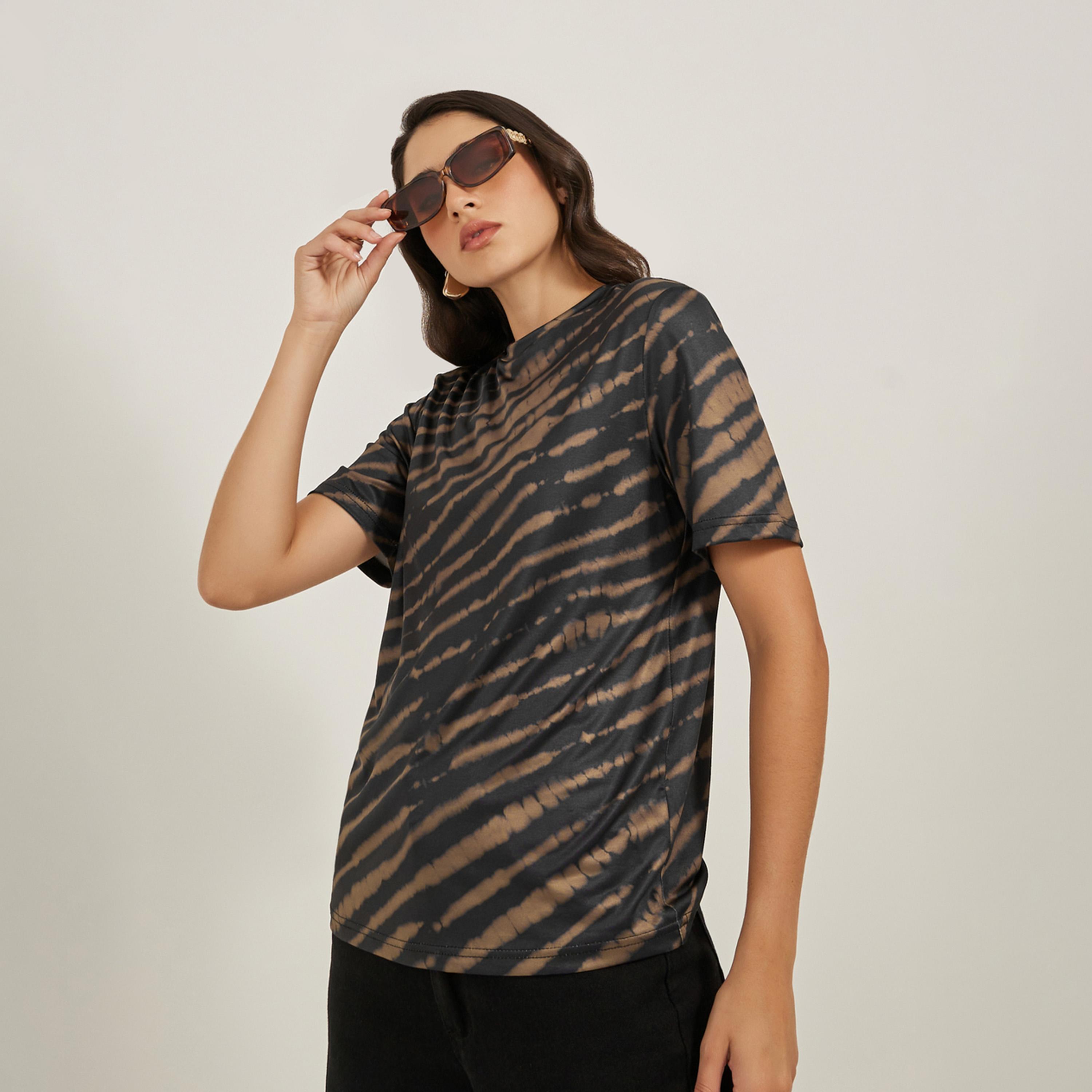 ستايلي - تي شيرت بطبعة حيوانات ورقبة دائرية وأكمام قصيرة-women-clothing-tshirts-image-1