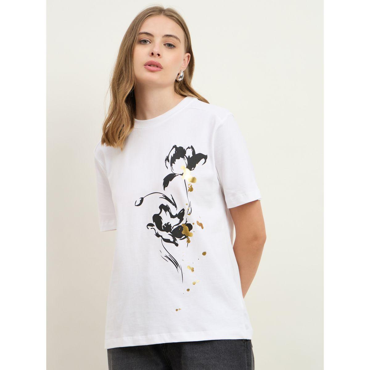 Styli Foil Graphic Print Short Sleeve Boxy T-Shirt-women-clothing-tshirts-image-2