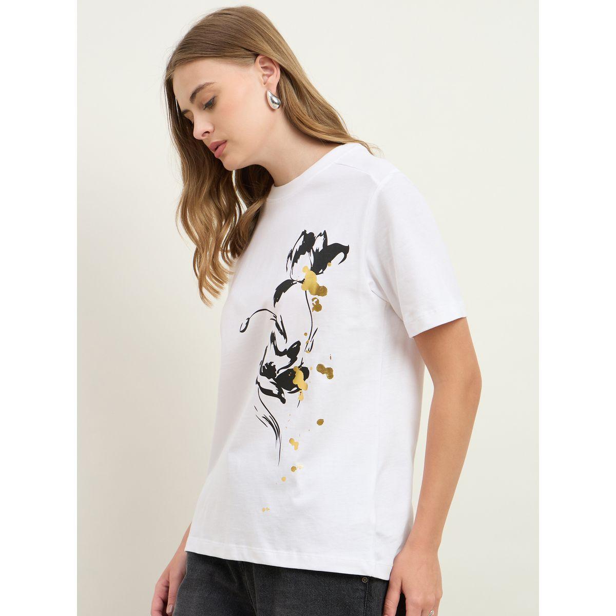 Styli Foil Graphic Print Short Sleeve Boxy T-Shirt-women-clothing-tshirts-image-3
