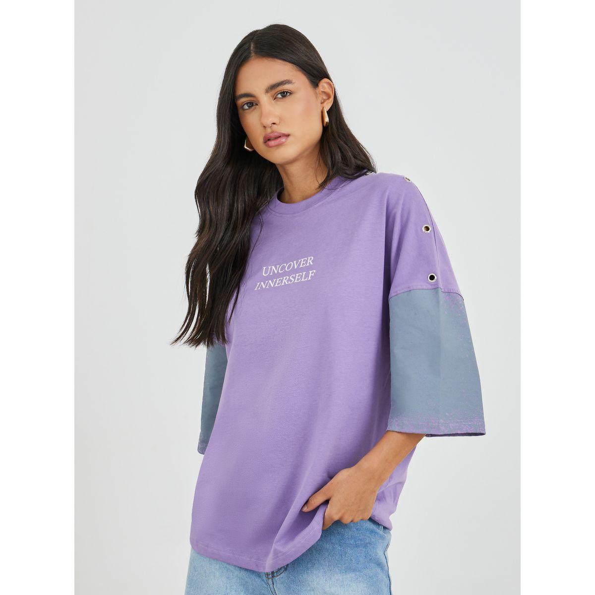 تيشيرت فضفاض بأكتاف مبالغ فيها مع شق-women-clothing-tshirts-image-1