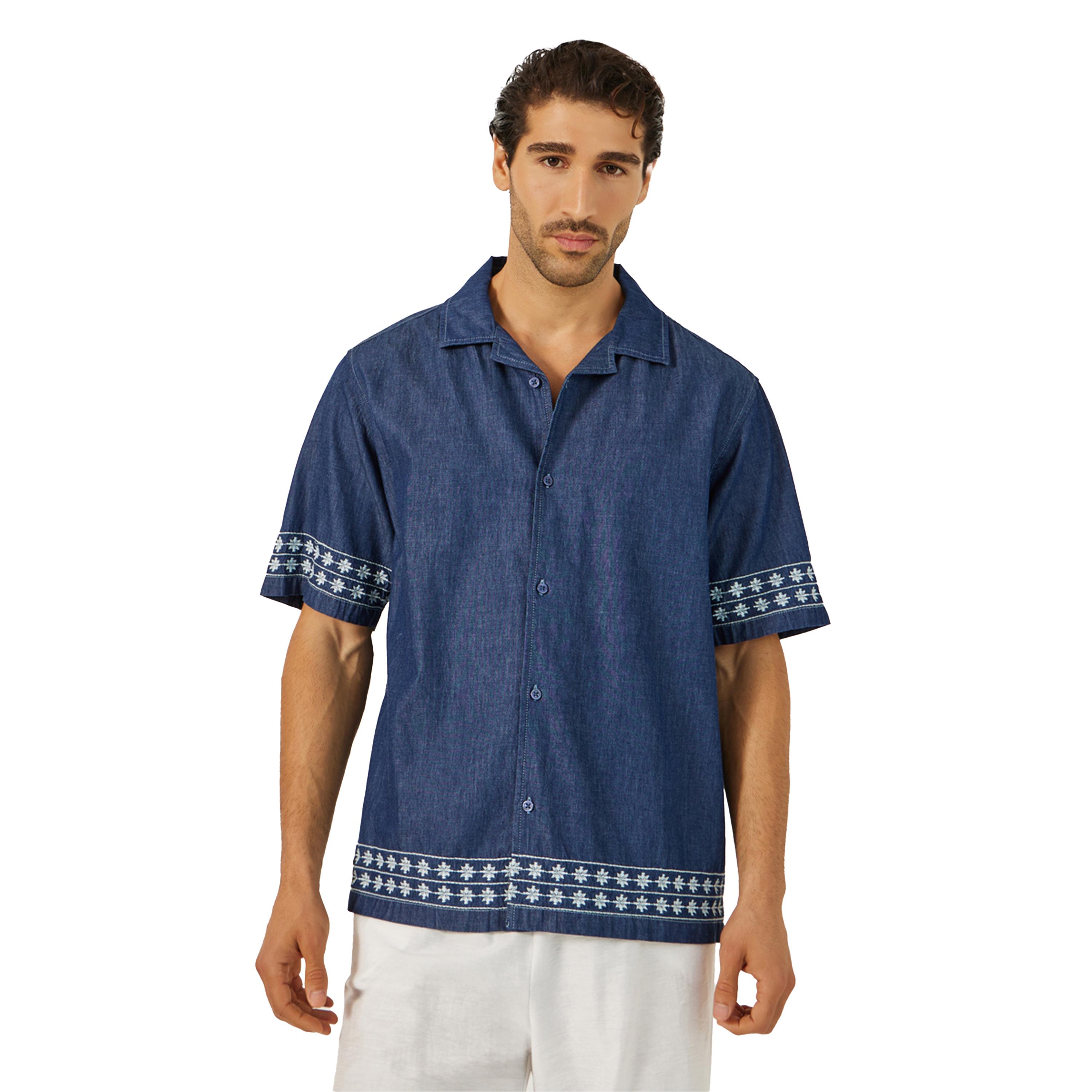 Styli Embroidered Chambray Resort Collared Relaxed Fit Shirt-men-clothing-shirts-image-1