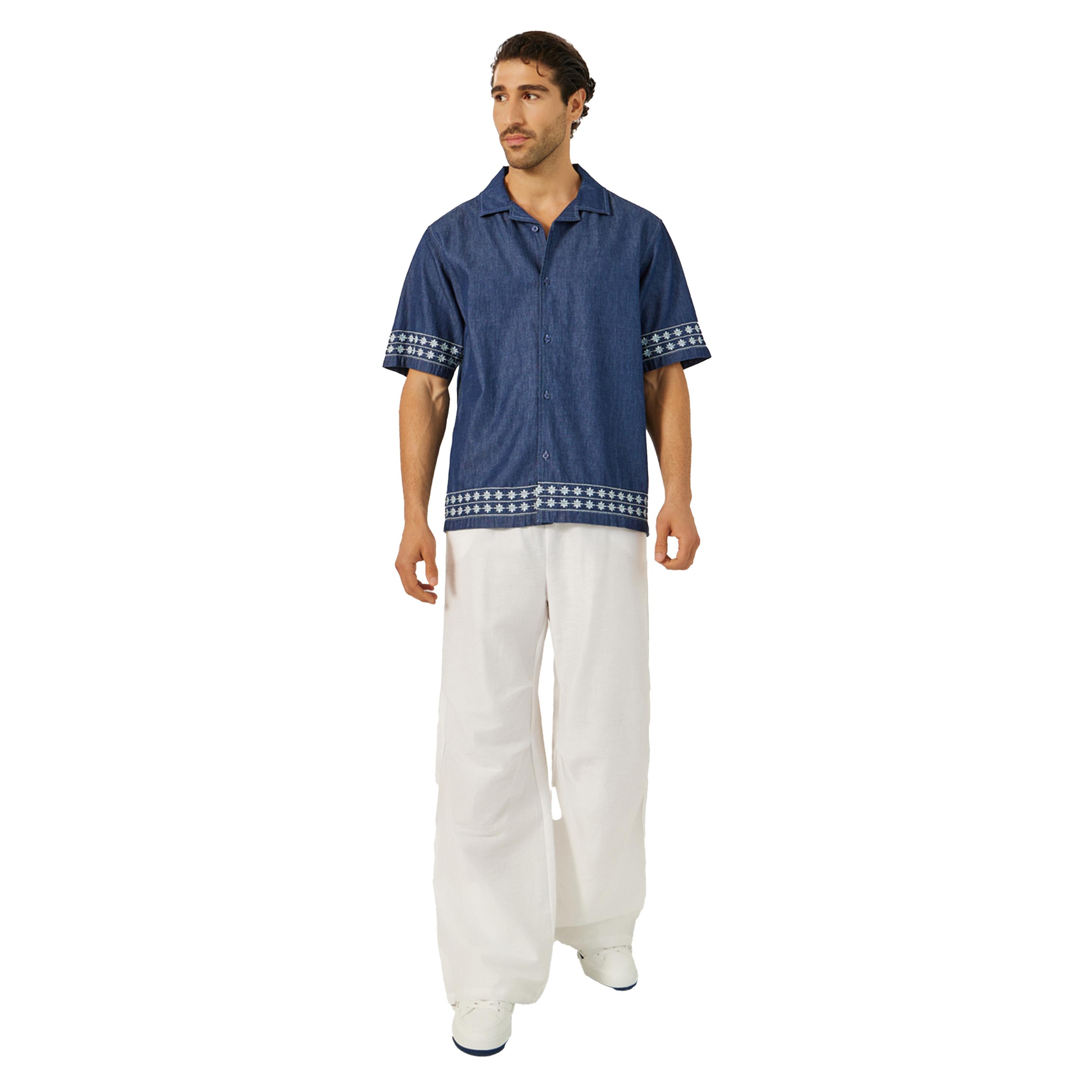 Styli Embroidered Chambray Resort Collared Relaxed Fit Shirt-men-clothing-shirts-image-2