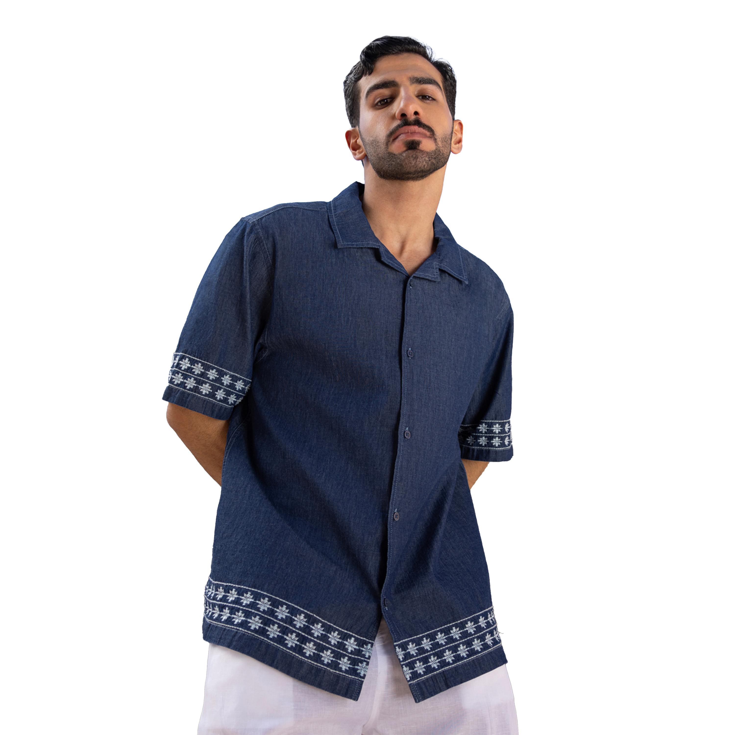 Styli Embroidered Chambray Resort Collared Relaxed Fit Shirt-men-clothing-shirts-image-5