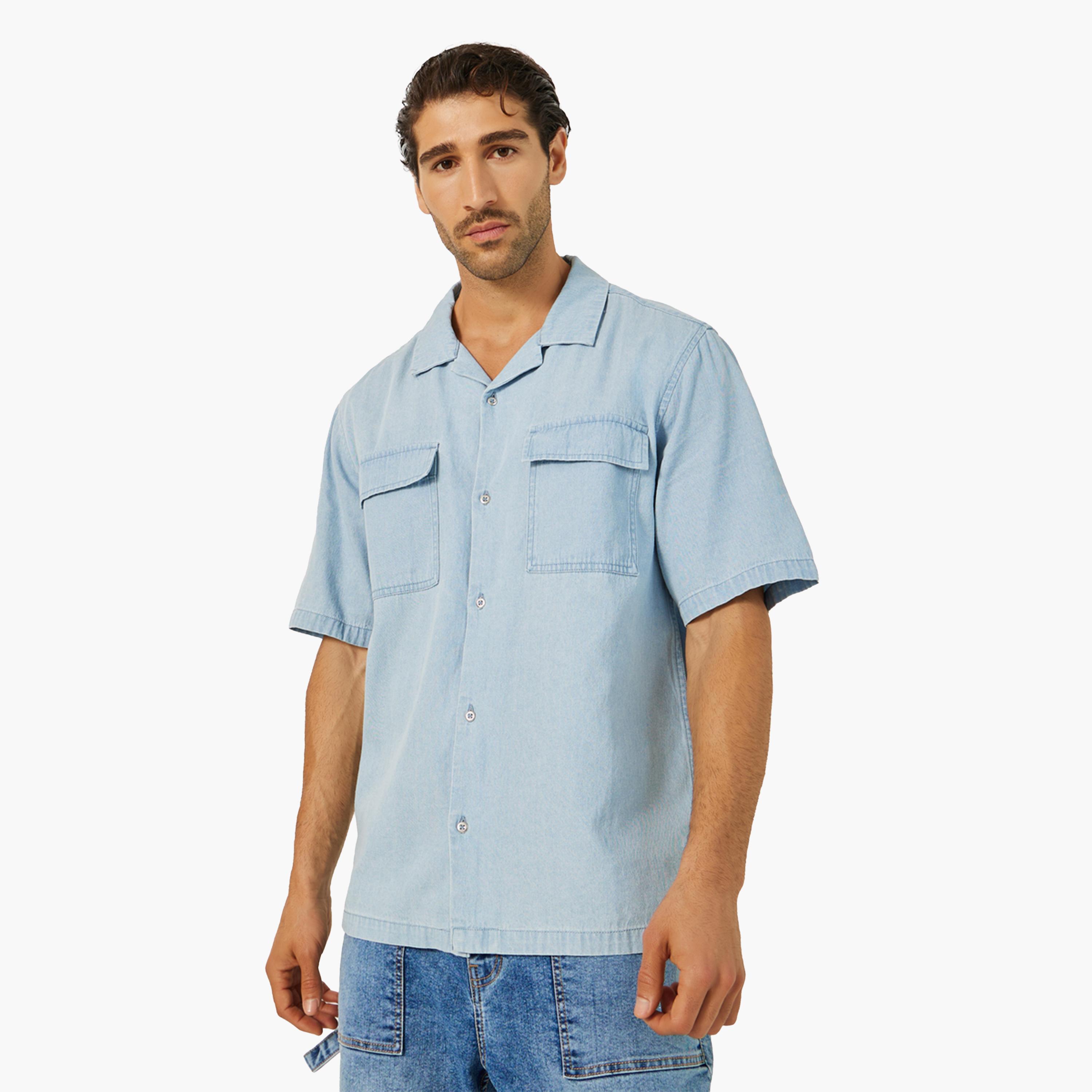 Styli Mens Light Blue Graphic Button-Down Denim Shirt-men-clothing-shirts-image-1