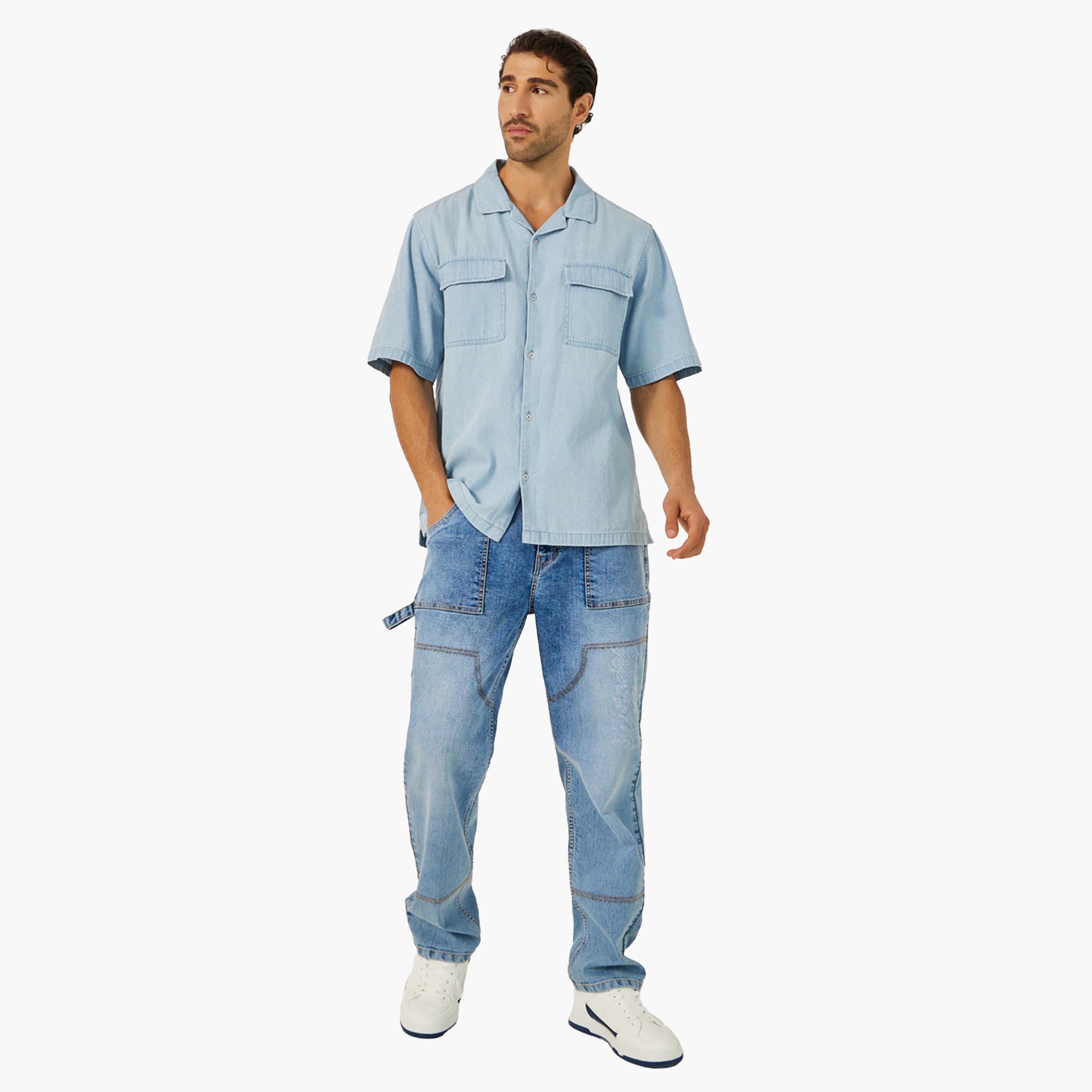 Styli Mens Light Blue Graphic Button-Down Denim Shirt-men-clothing-shirts-image-2