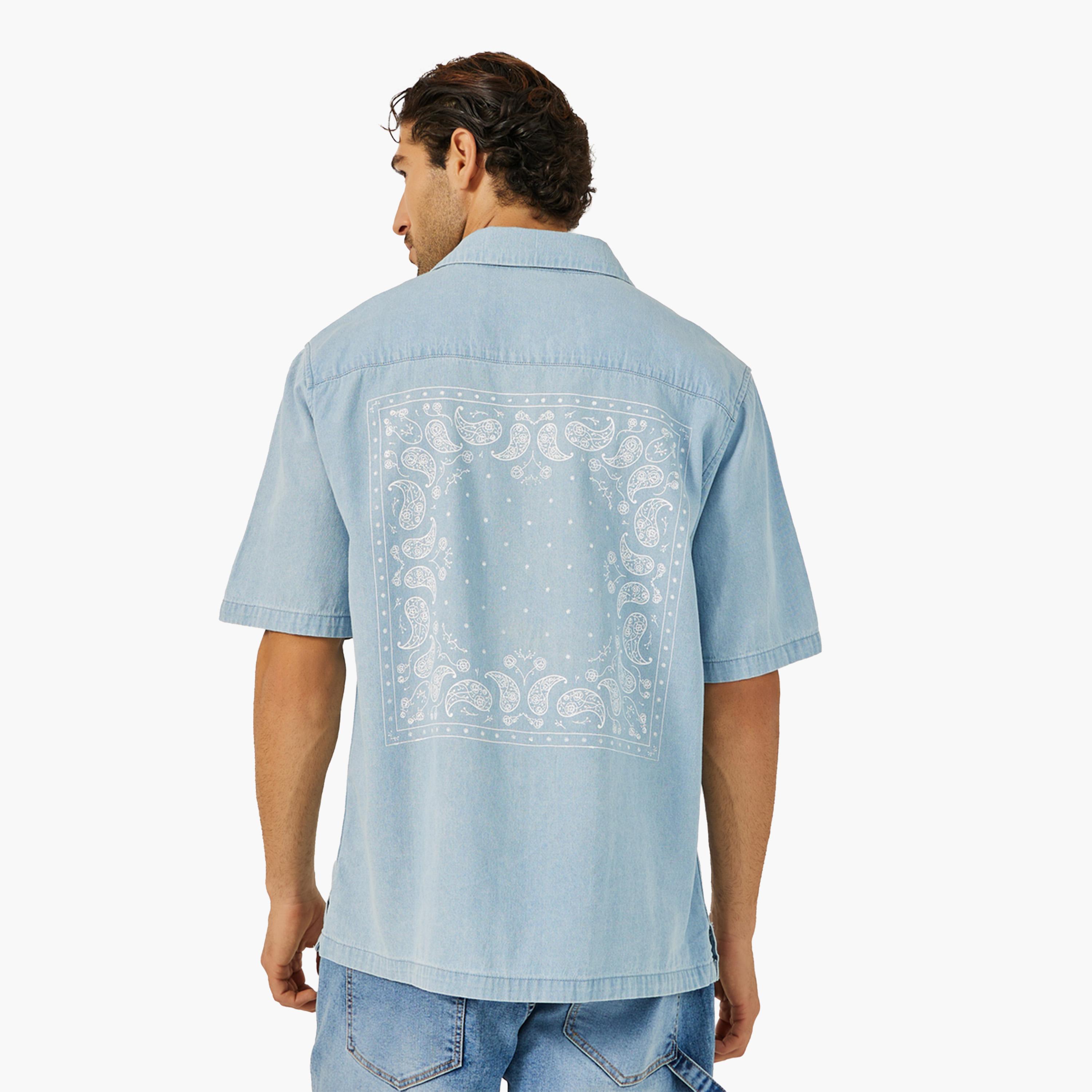 Styli Mens Light Blue Graphic Button-Down Denim Shirt-men-clothing-shirts-image-4