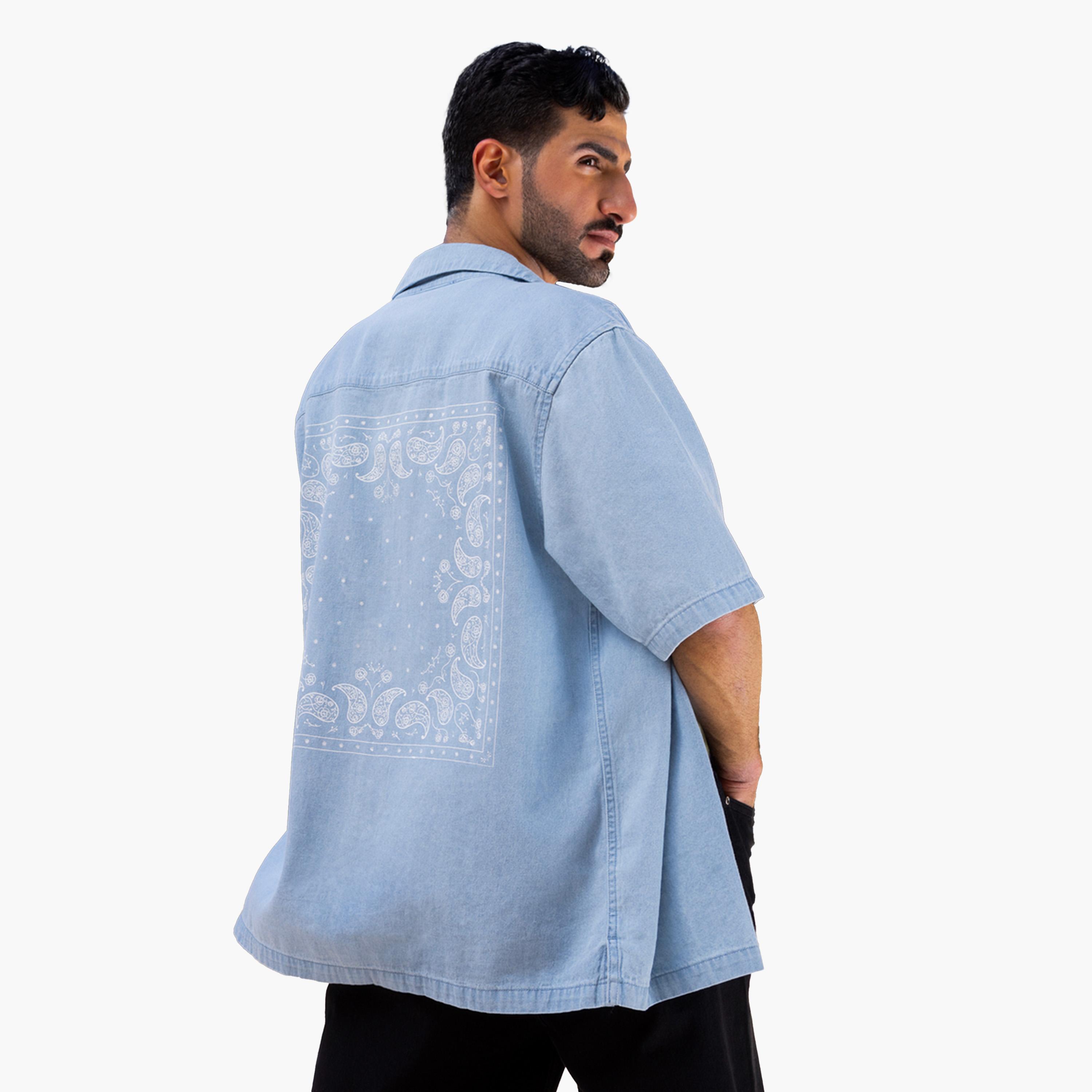 Styli Mens Light Blue Graphic Button-Down Denim Shirt-men-clothing-shirts-image-5