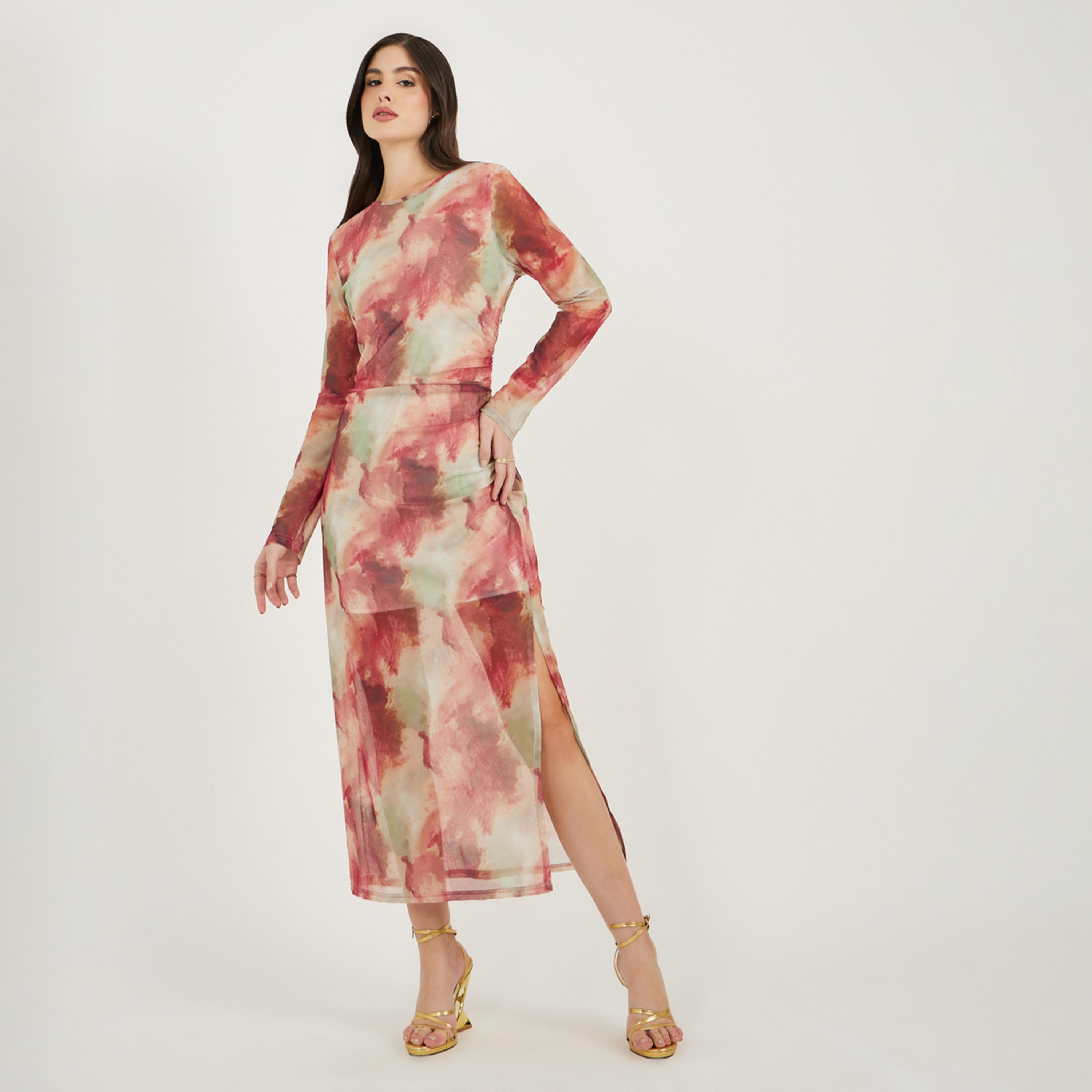 ستايلي - فستان ميدي ضيق بأكمام طويلة مصبوغ بالربط-women-clothing-dresses-image-1
