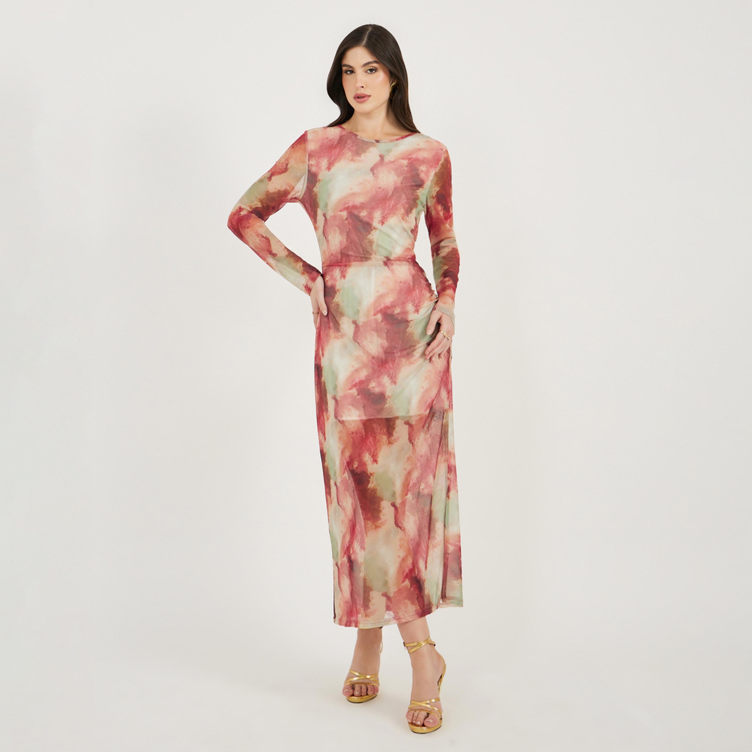 ستايلي - فستان ميدي ضيق بأكمام طويلة مصبوغ بالربط-women-clothing-dresses-image-2
