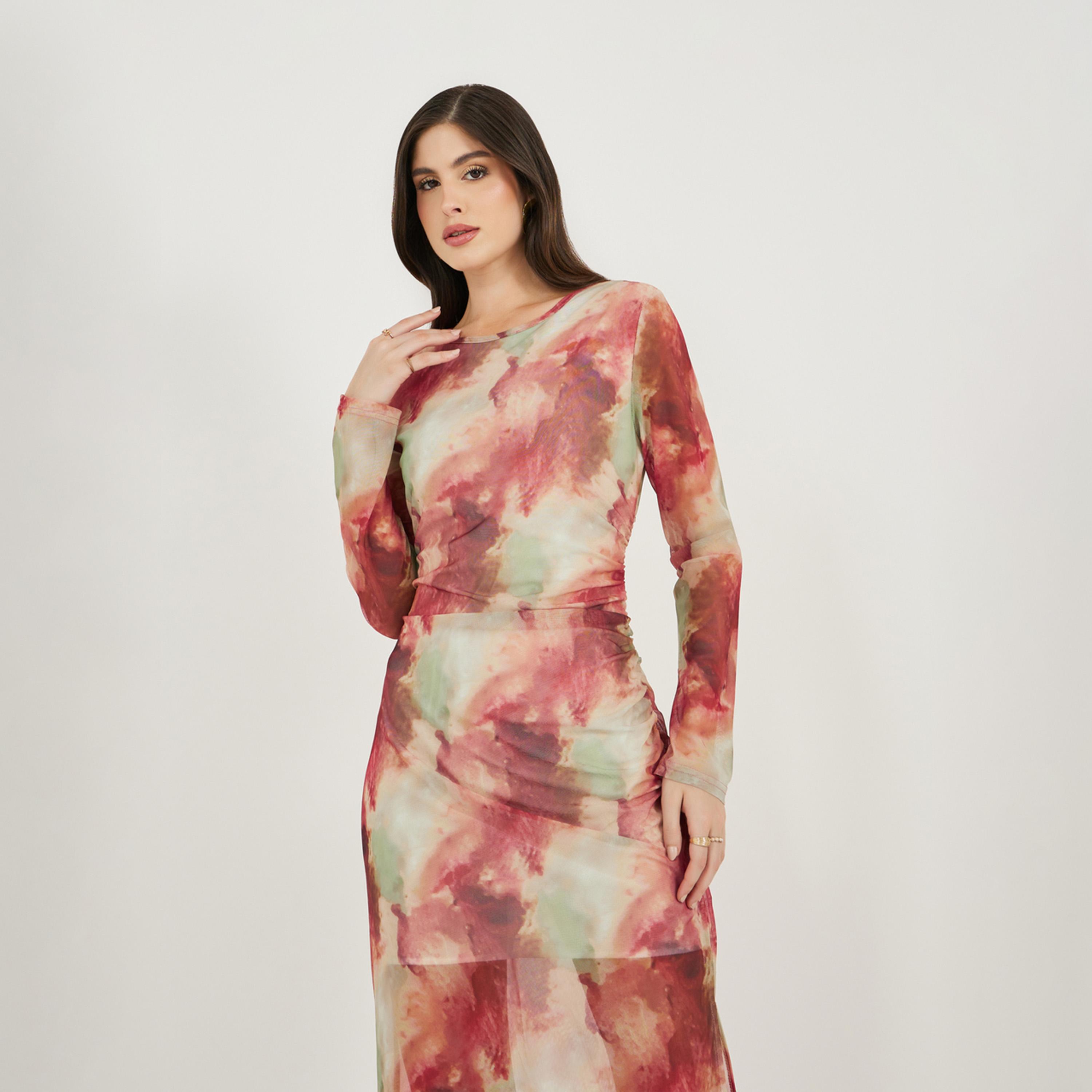 ستايلي - فستان ميدي ضيق بأكمام طويلة مصبوغ بالربط-women-clothing-dresses-image-3