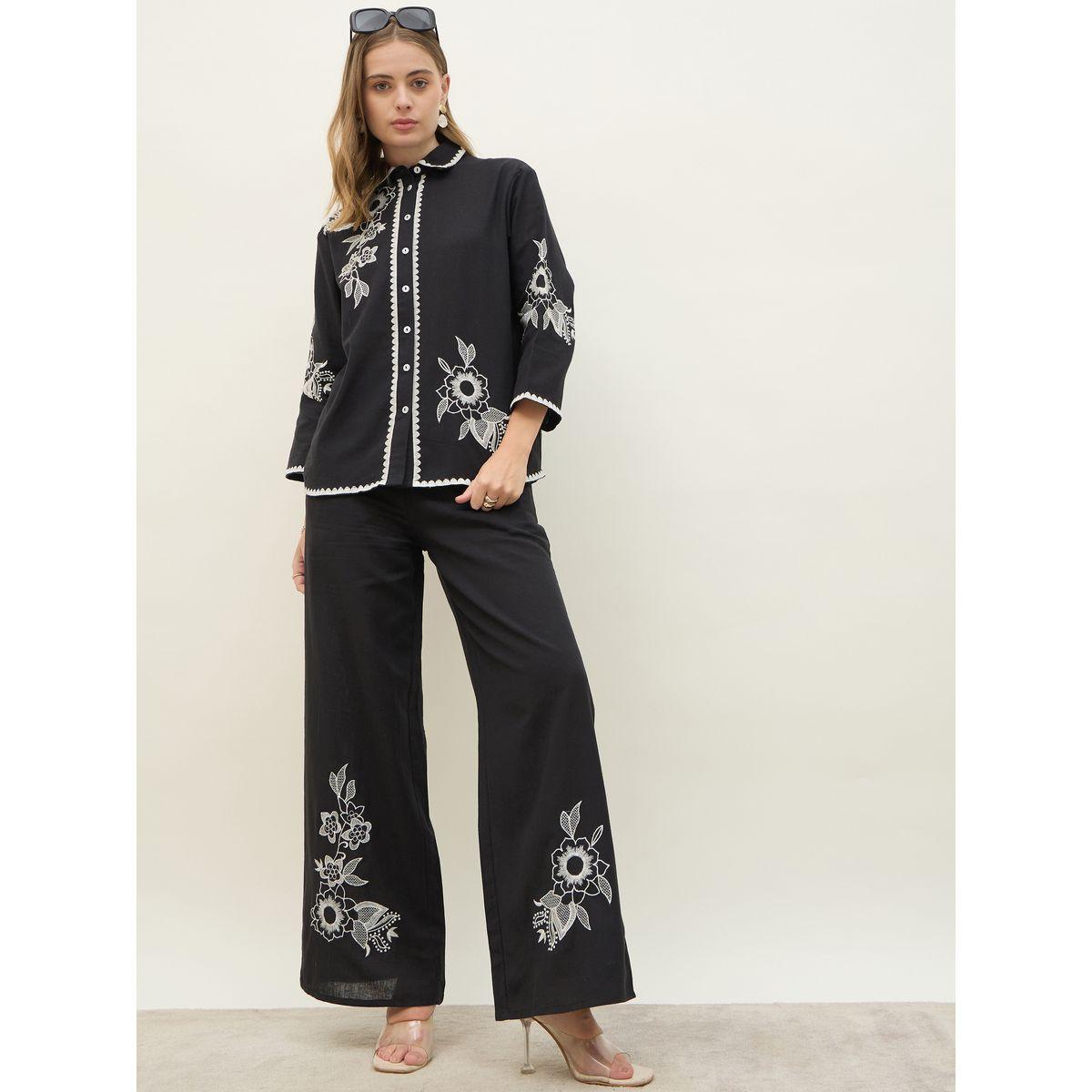 Styli Embroidered Long Sleeve Shirt and Wide Leg Pants Co-Ords-women-clothing-coordsets-image-1