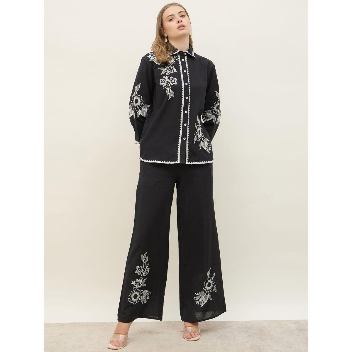 Styli Embroidered Long Sleeve Shirt and Wide Leg Pants Co-Ords-women-clothing-coordsets-image-2