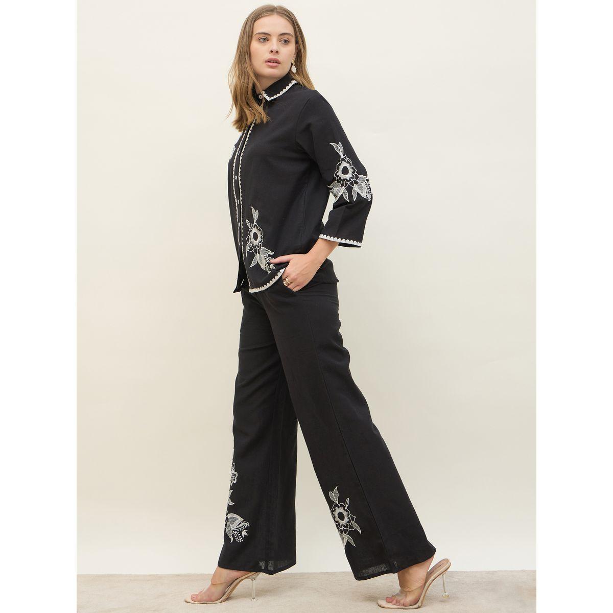 Styli Embroidered Long Sleeve Shirt and Wide Leg Pants Co-Ords-women-clothing-coordsets-image-3