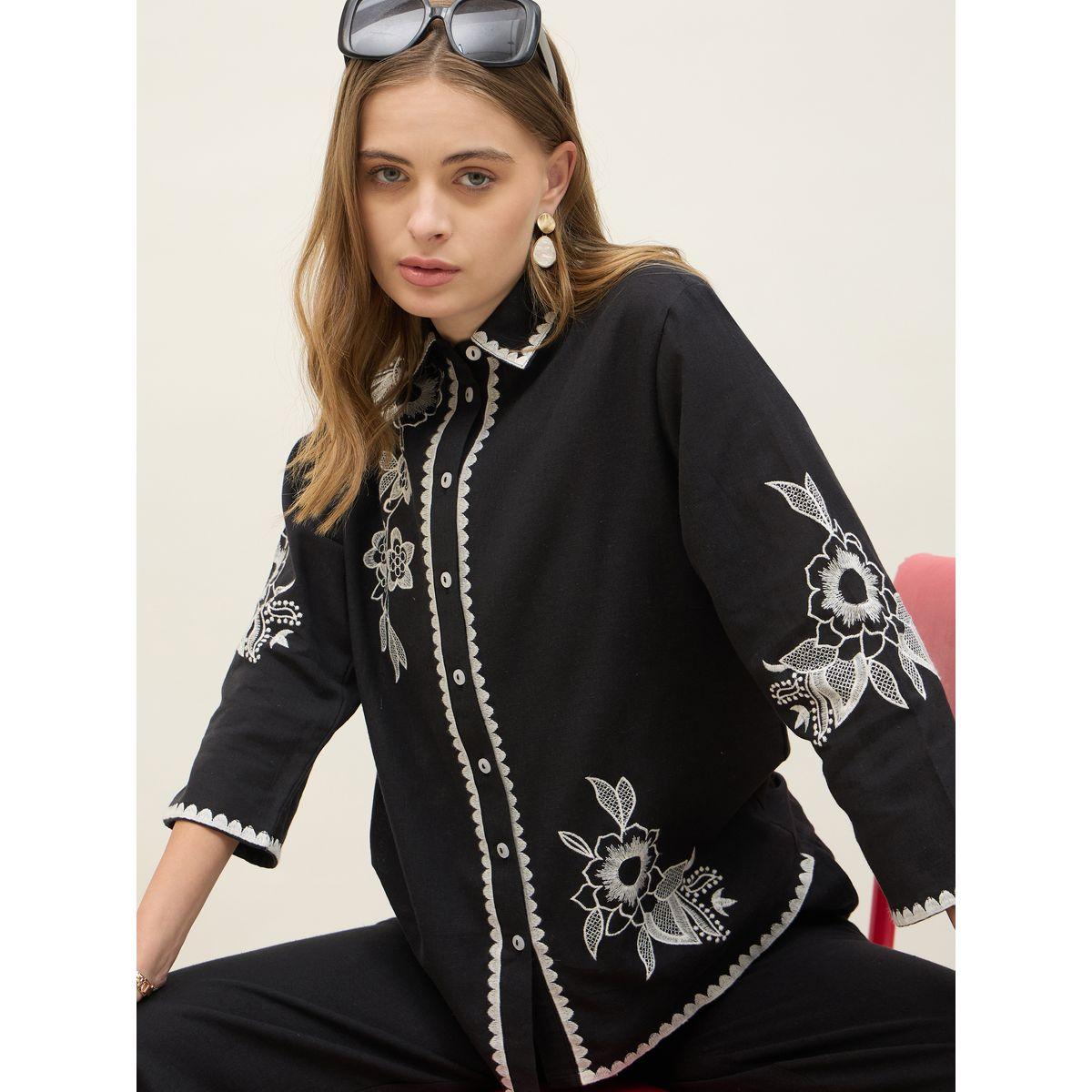 Styli Embroidered Long Sleeve Shirt and Wide Leg Pants Co-Ords-women-clothing-coordsets-image-4